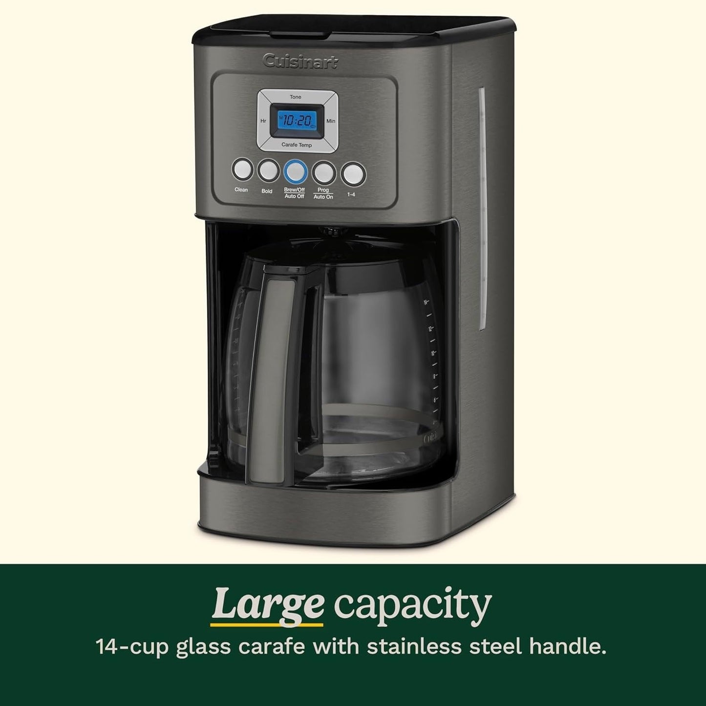 Macchina per caffè programmabile da 14 tazze, brocca di vetro, controllo dell'intensità del caffè, impostazione da 1 a 4 tazze, acciaio inossidabile nero.