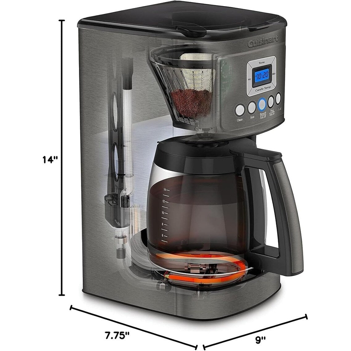 Macchina per caffè programmabile da 14 tazze, brocca di vetro, controllo dell'intensità del caffè, impostazione da 1 a 4 tazze, acciaio inossidabile nero.