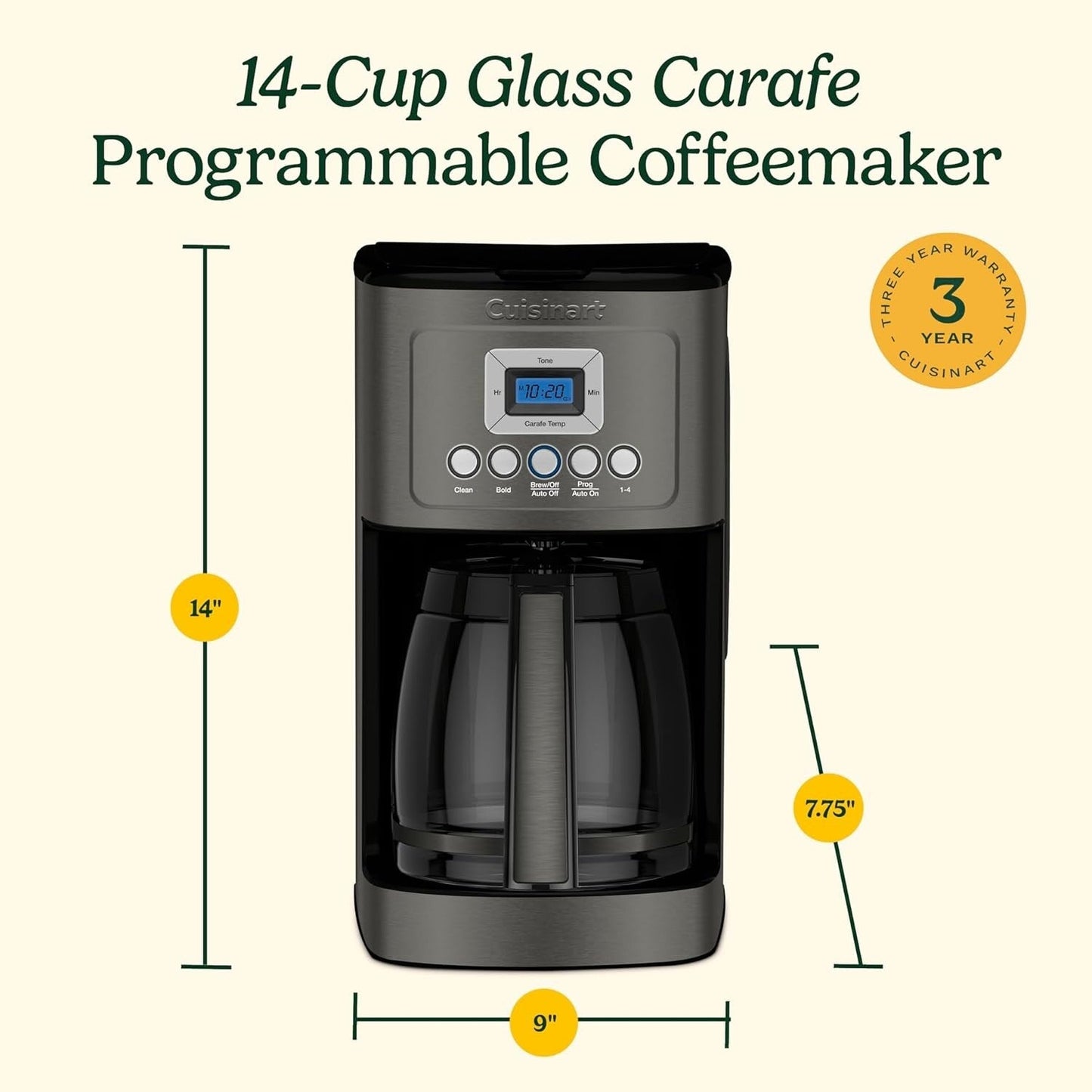 Macchina per caffè programmabile da 14 tazze, brocca di vetro, controllo dell'intensità del caffè, impostazione da 1 a 4 tazze, acciaio inossidabile nero.