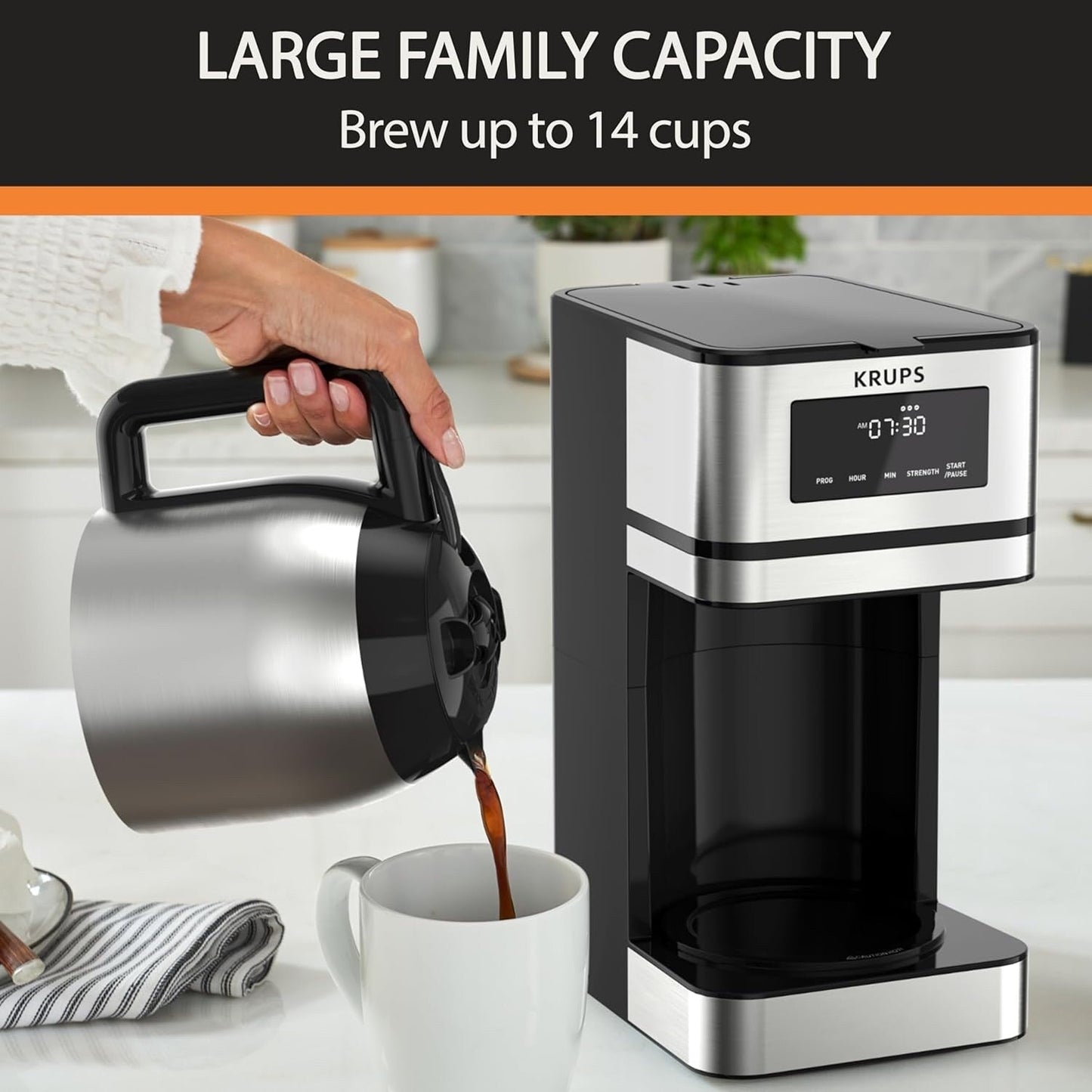 Macchina per caffè programmabile da 14 tazze, brocca in acciaio inossidabile, 3 intensità di infusione, timer da 24 ore, mantenimento in caldo per 4 ore.