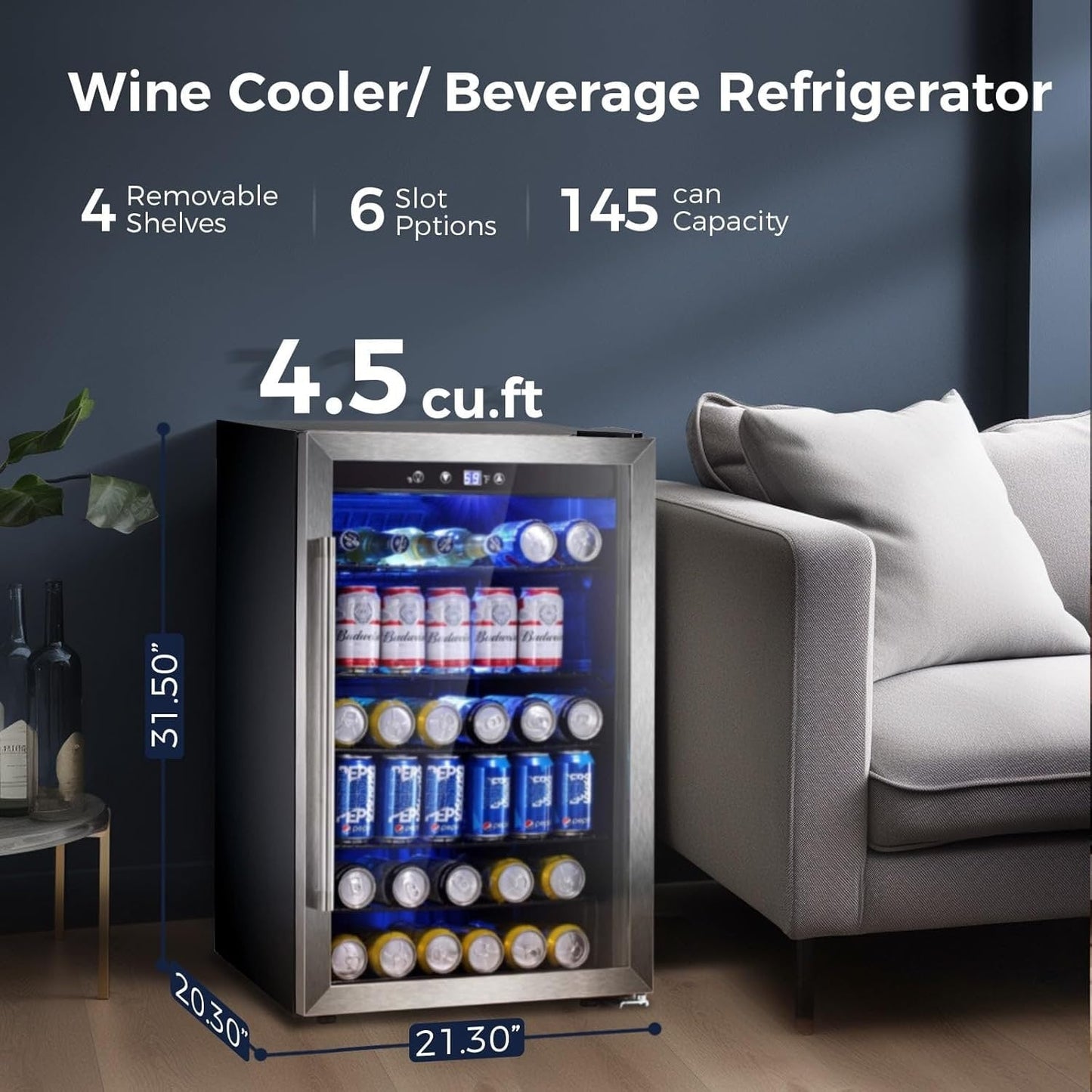 Frigorifero per bevande da 145 lattine, mini frigo da 4,4 piedi cubi con porta in vetro per bibite, birra, vino – parte anteriore trasparente per casa, ufficio o bar