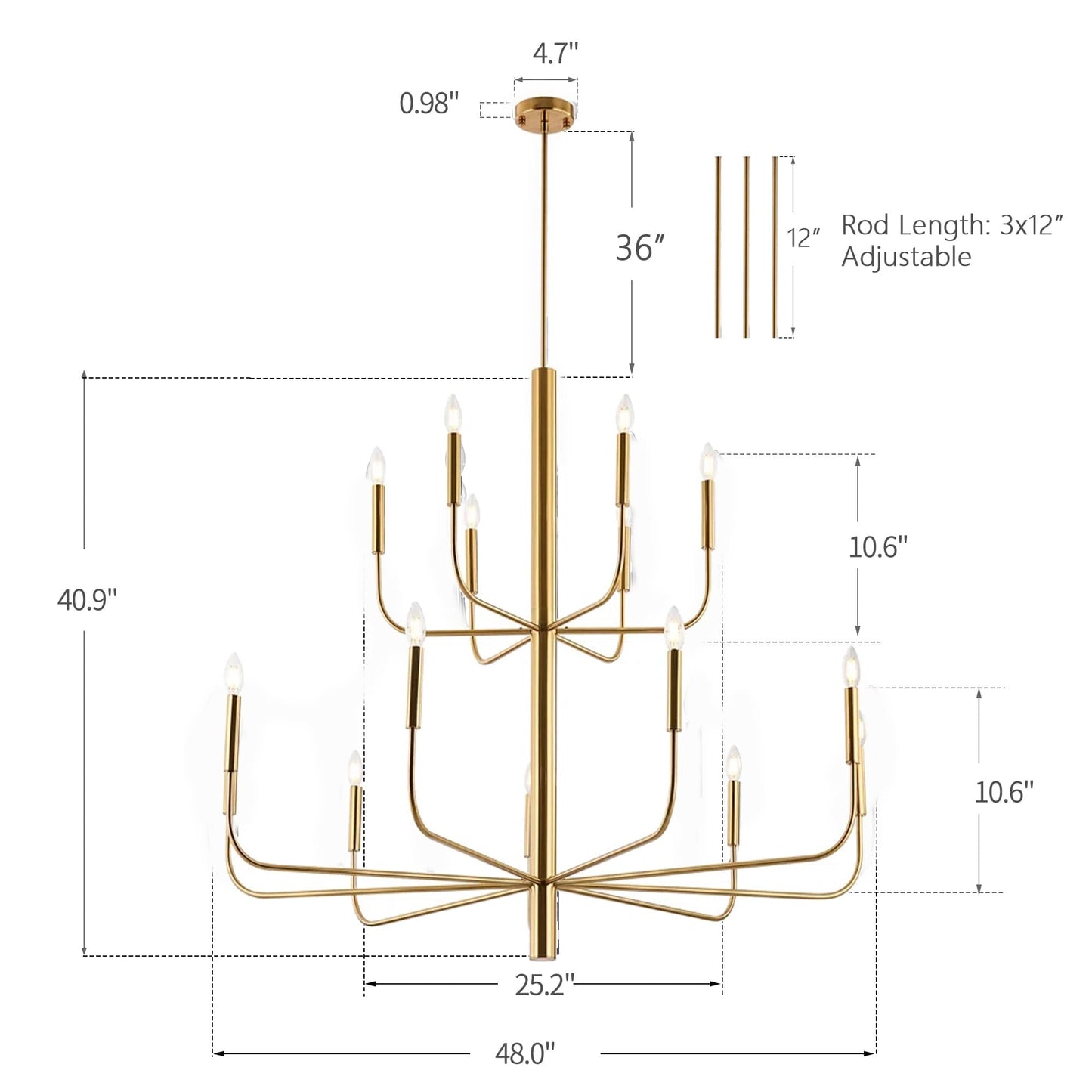 Lampadario a candeliere minimalista a 15 luci, design antico a 2 livelli - 48