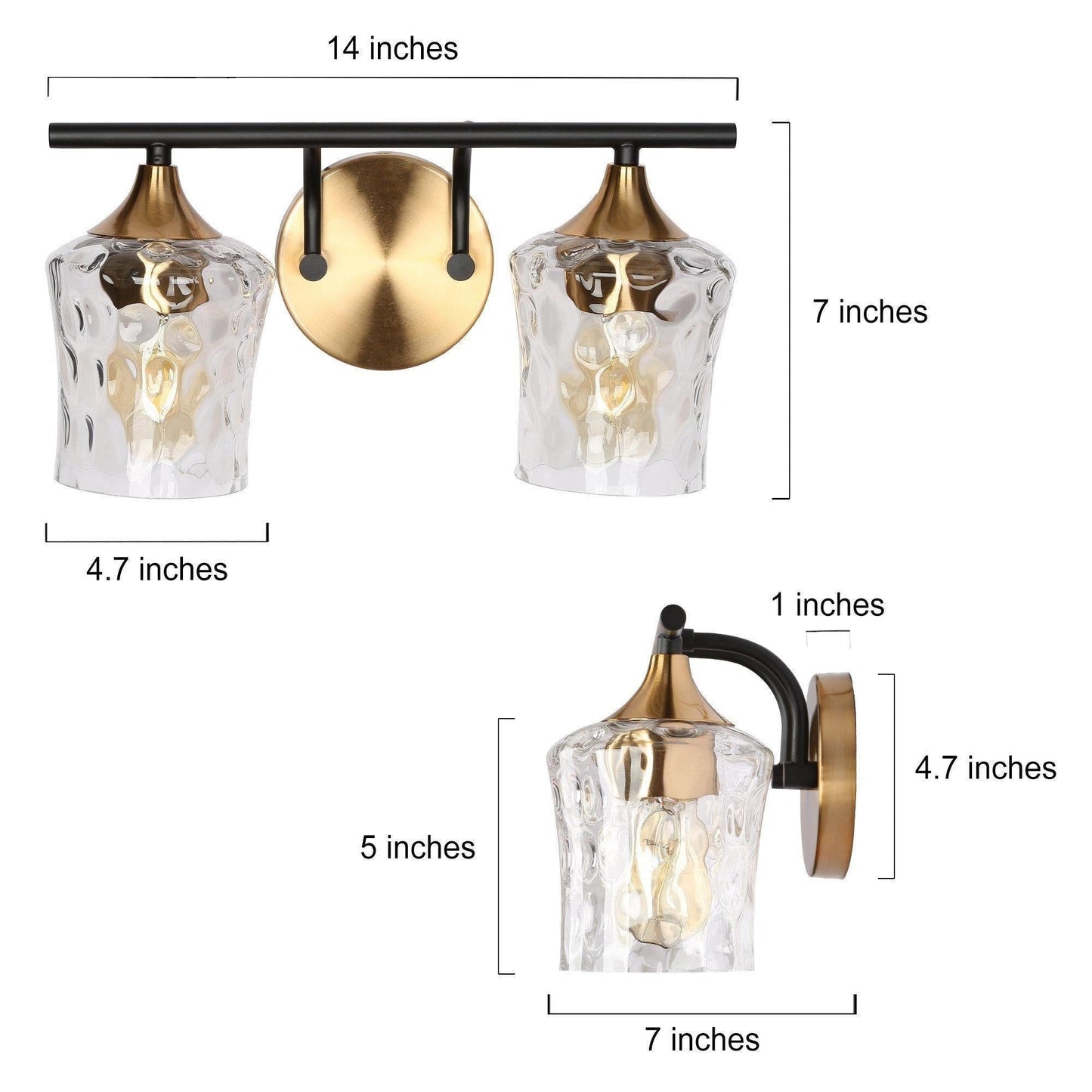 Lampada da parete per bagno moderna, oro/nero, con 2/3/4 luci e vetro martellato.