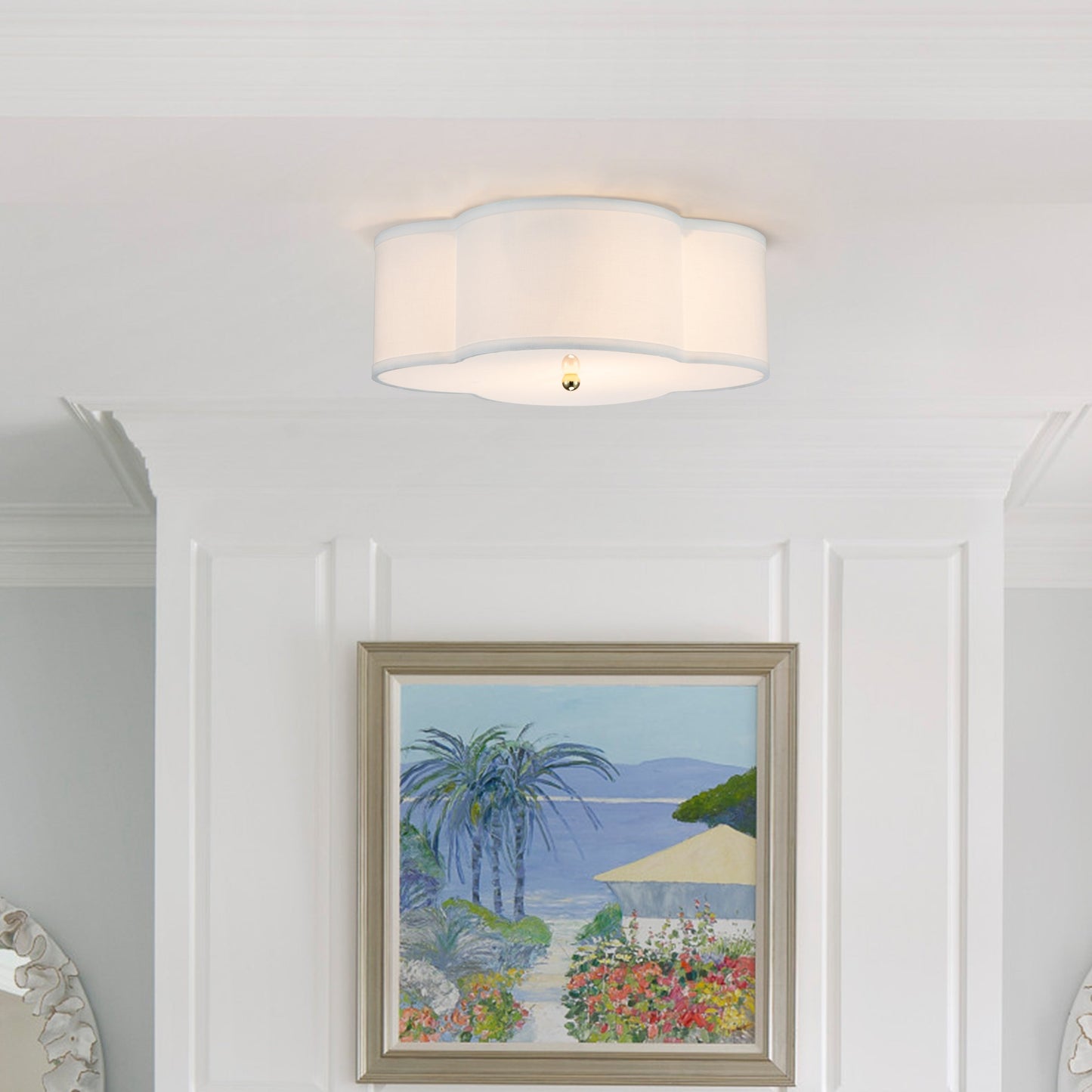 Lampada a soffitto a 2 luci con diffusore in acrilico e rivestimento in lino bianco.