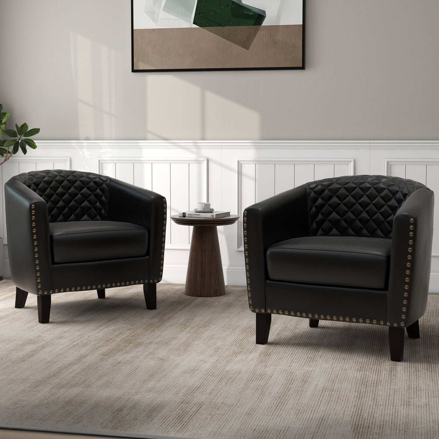Set di 2 poltrone con schienale a forma di botte in simil pelle vegana da 73,7 cm (29 pollici) con borchie decorative.