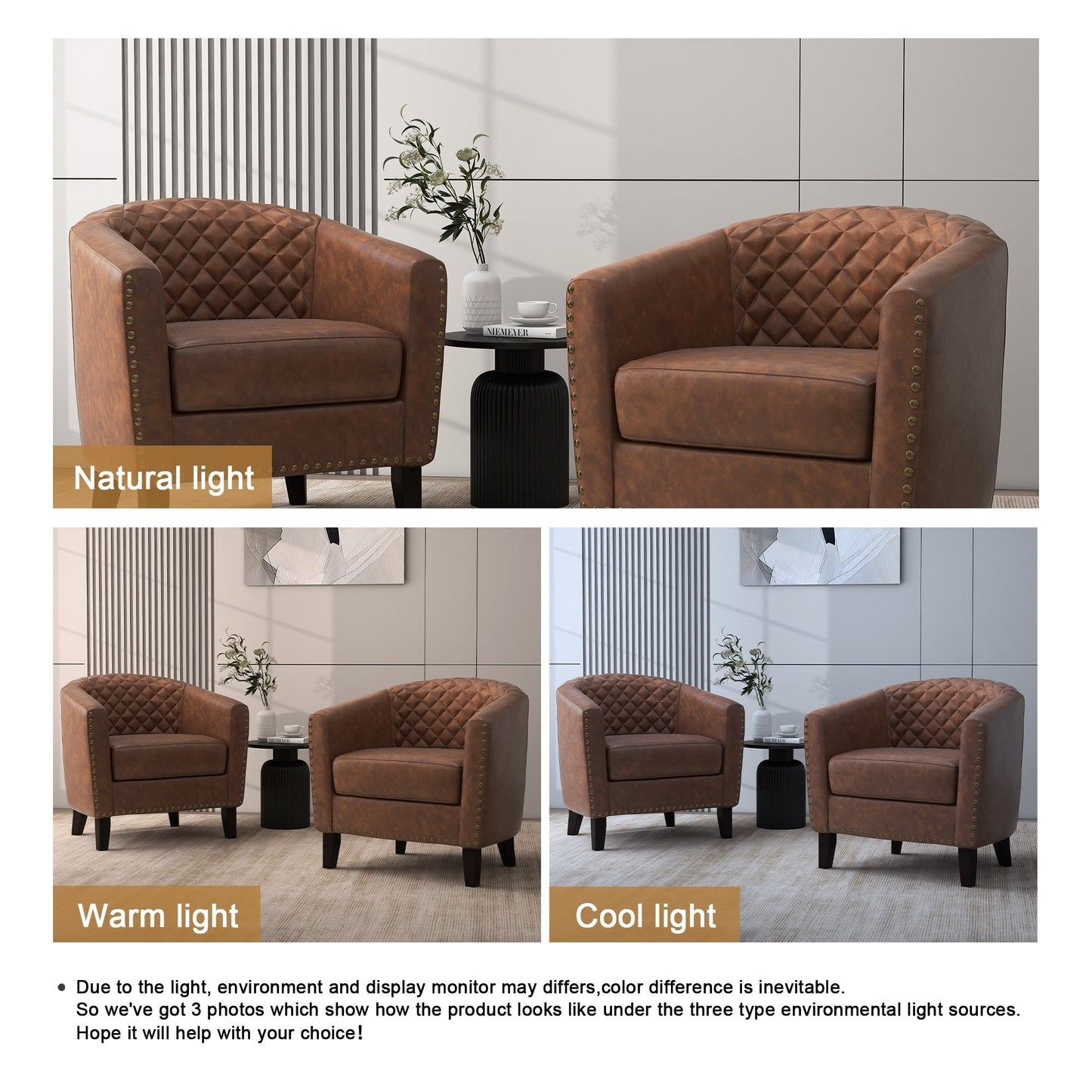 Set di 2 poltrone con schienale a forma di botte in simil pelle vegana da 73,7 cm (29 pollici) con borchie decorative.