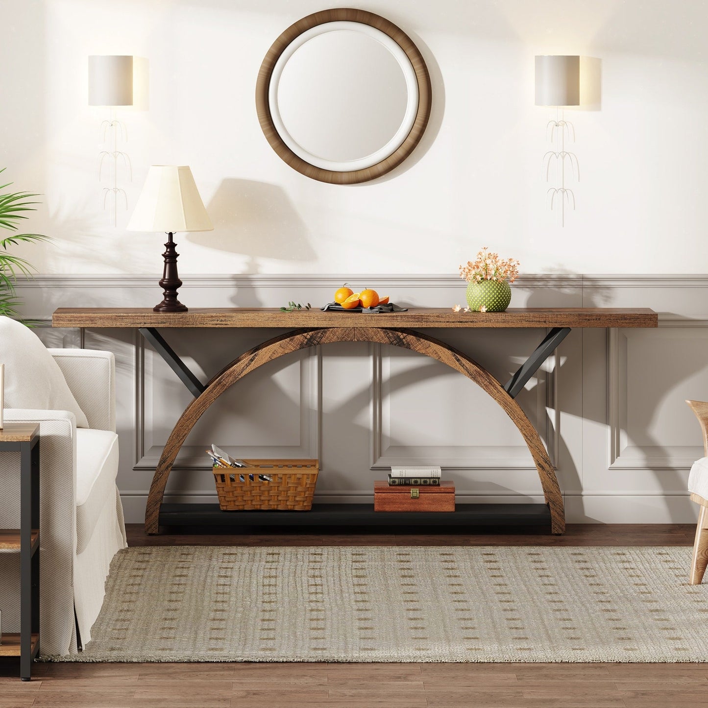 Tavolo da salotto a 2 ripiani, lungo e stretto, con struttura semicircolare, per ingresso, tavolini decorativi per corridoio, colore grigio.