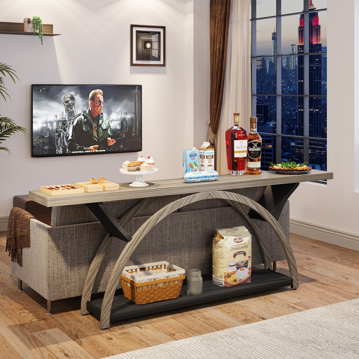 Tavolo da salotto a 2 ripiani, lungo e stretto, con struttura semicircolare, per ingresso, tavolini decorativi per corridoio, colore grigio.