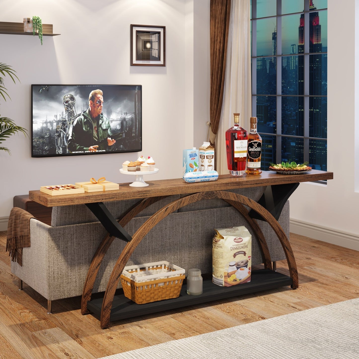 Tavolo da salotto a 2 ripiani, lungo e stretto, con struttura semicircolare, per ingresso, tavolini decorativi per corridoio, colore grigio.