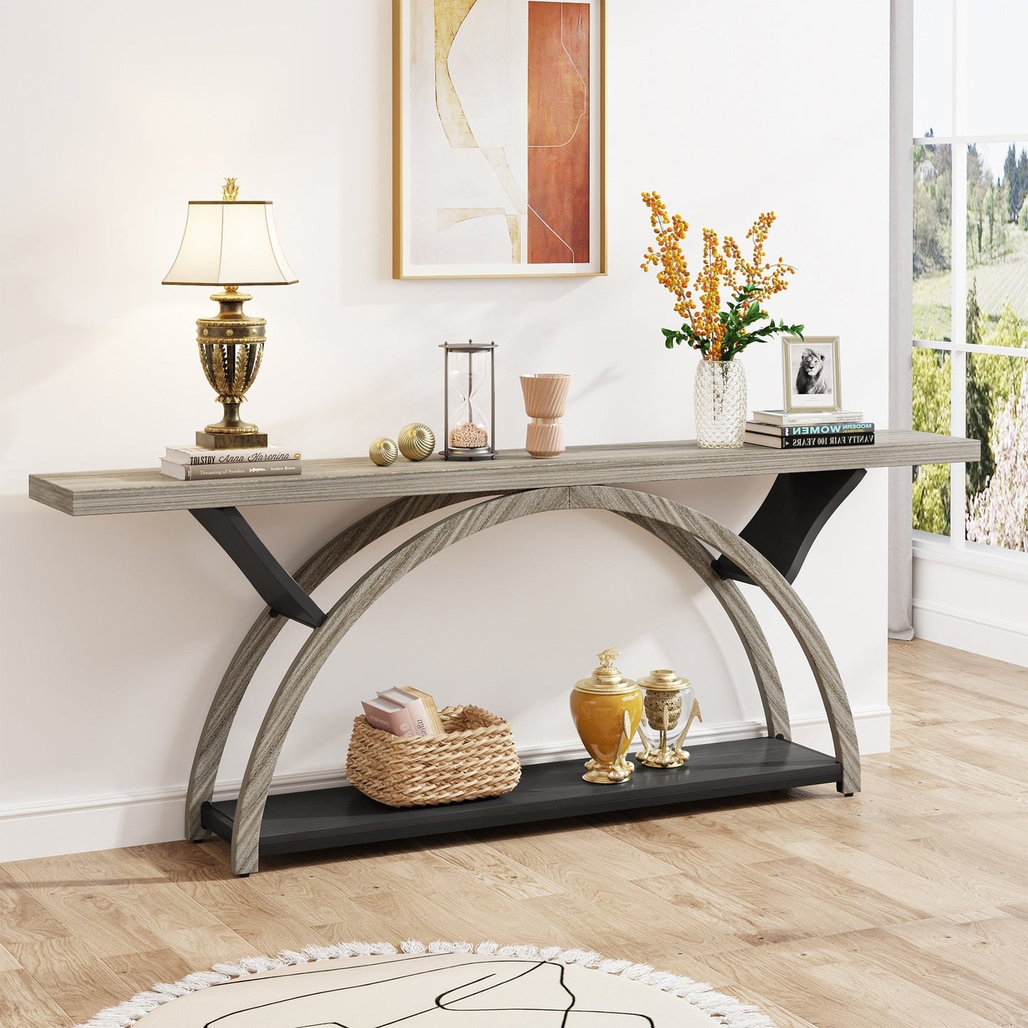 Tavolo da salotto a 2 ripiani, lungo e stretto, con struttura semicircolare, per ingresso, tavolini decorativi per corridoio, colore grigio.