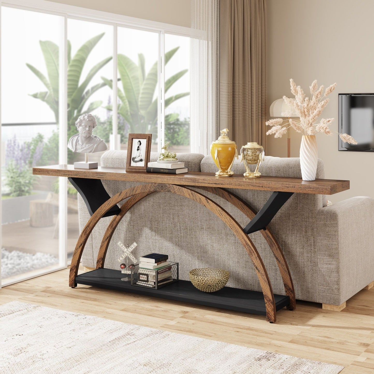 Tavolo da salotto a 2 ripiani, lungo e stretto, con struttura semicircolare, per ingresso, tavolini decorativi per corridoio, colore grigio.