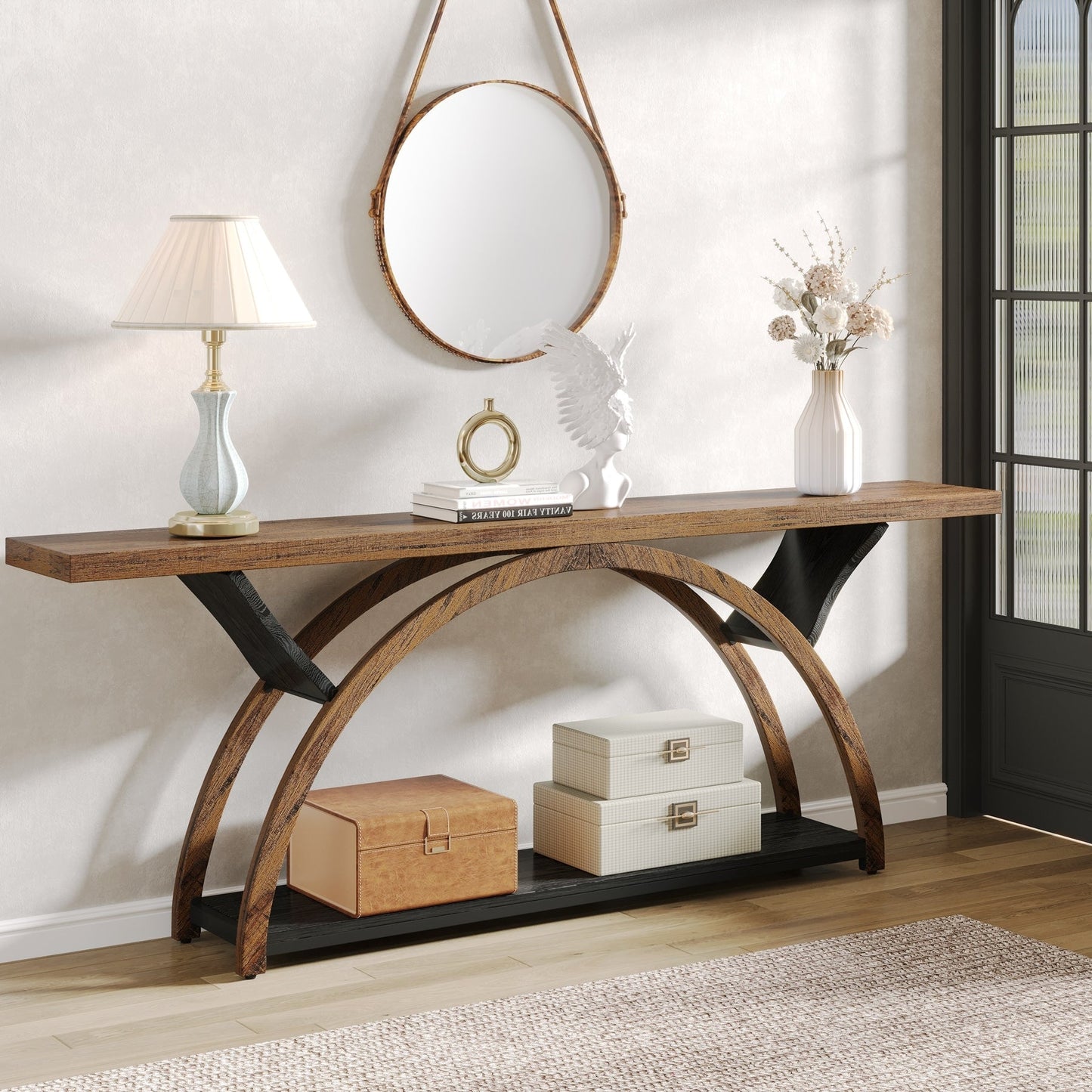 Tavolo da salotto a 2 ripiani, lungo e stretto, con struttura semicircolare, per ingresso, tavolini decorativi per corridoio, colore grigio.