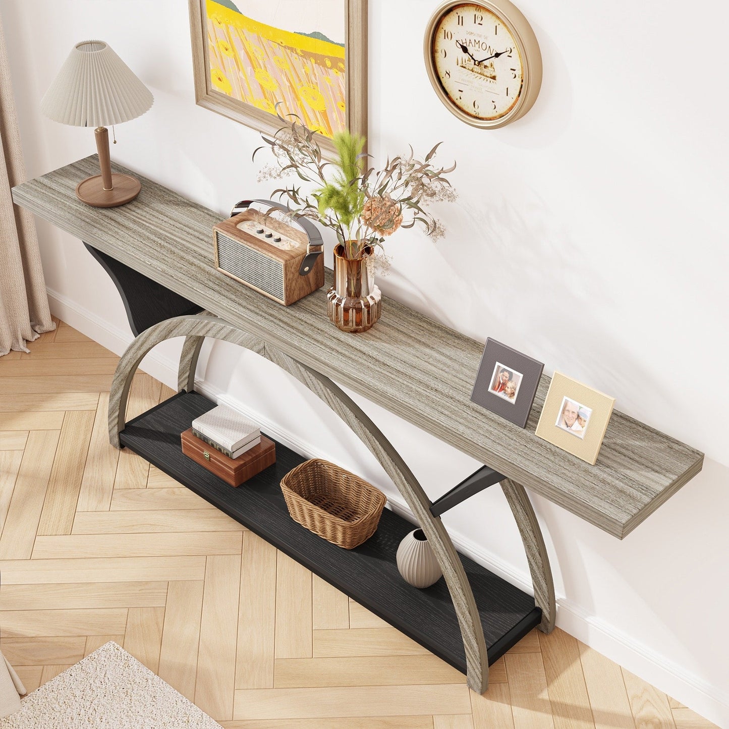 Tavolo da salotto a 2 ripiani, lungo e stretto, con struttura semicircolare, per ingresso, tavolini decorativi per corridoio, colore grigio.