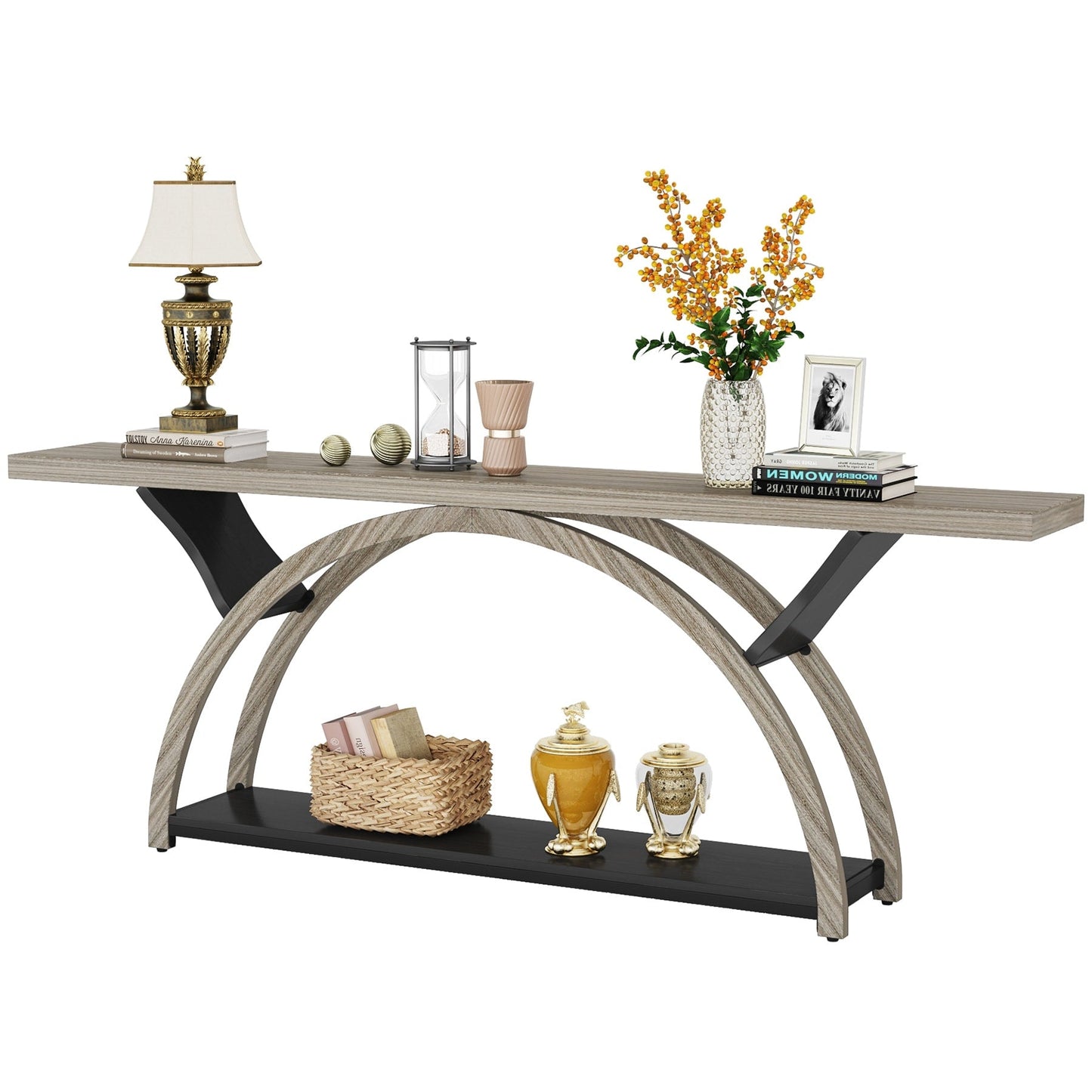 Tavolo da salotto a 2 ripiani, lungo e stretto, con struttura semicircolare, per ingresso, tavolini decorativi per corridoio, colore grigio.