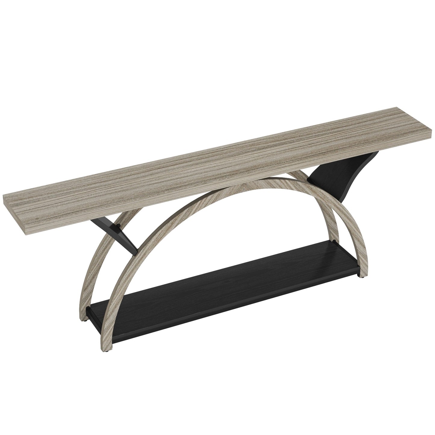 Tavolo da salotto a 2 ripiani, lungo e stretto, con struttura semicircolare, per ingresso, tavolini decorativi per corridoio, colore grigio.