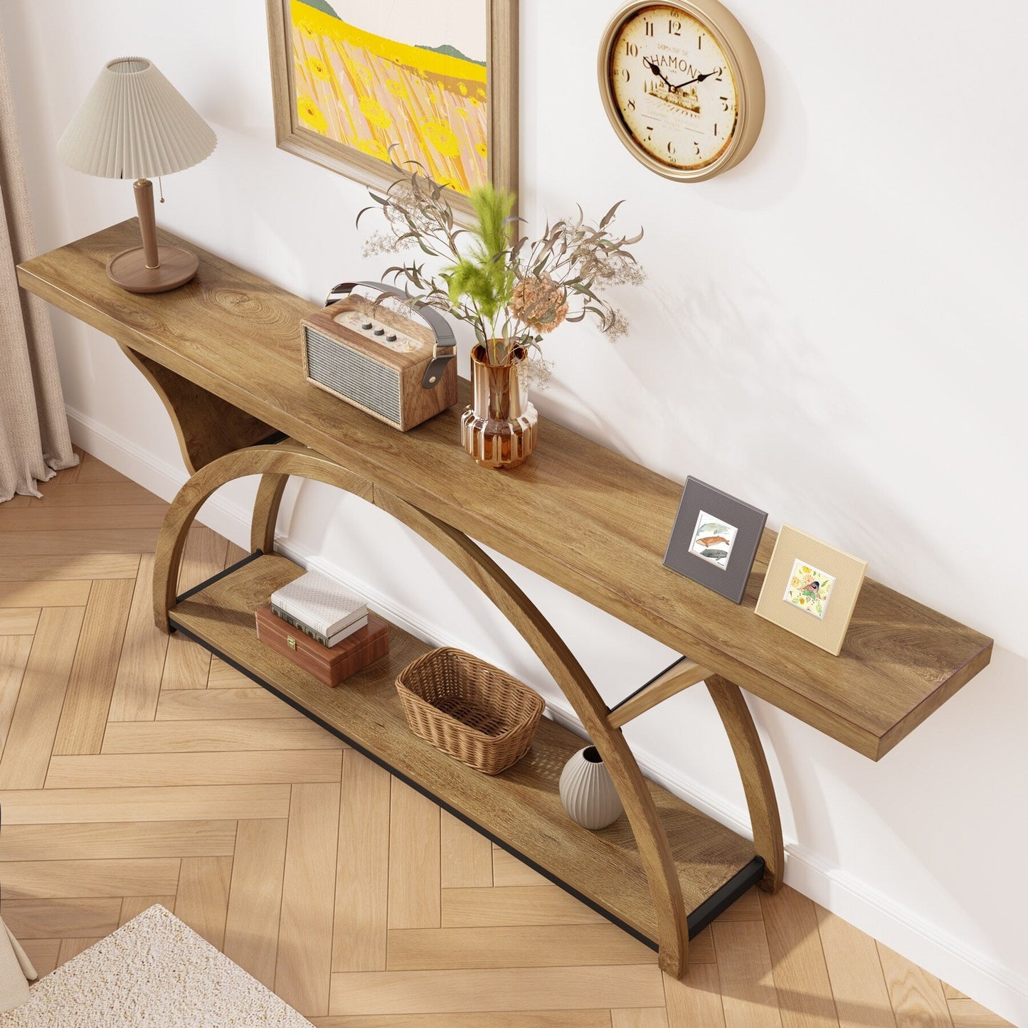 Tavolo da salotto a 2 ripiani, lungo e stretto, con struttura semicircolare, per ingresso, tavolini decorativi per corridoio, colore grigio.