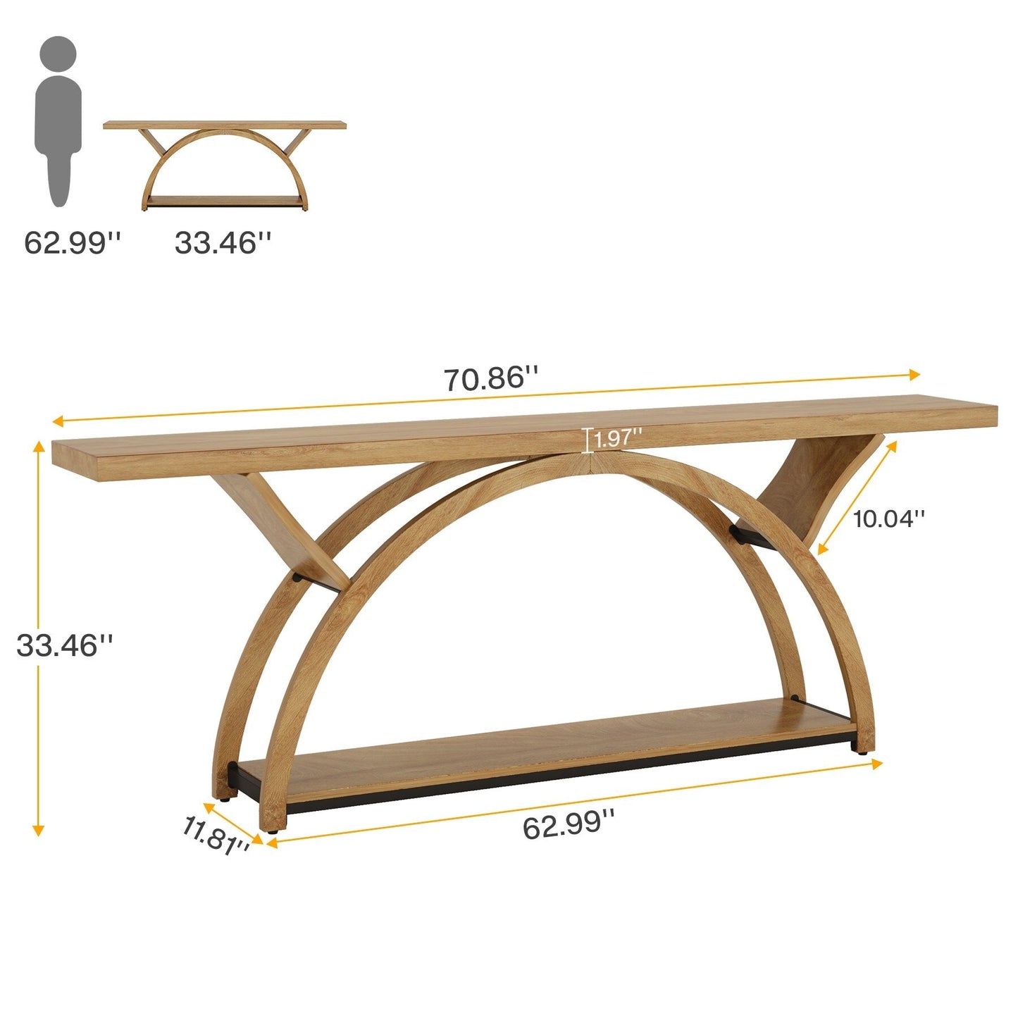 Tavolo da salotto a 2 ripiani, lungo e stretto, con struttura semicircolare, per ingresso, tavolini decorativi per corridoio, colore grigio.
