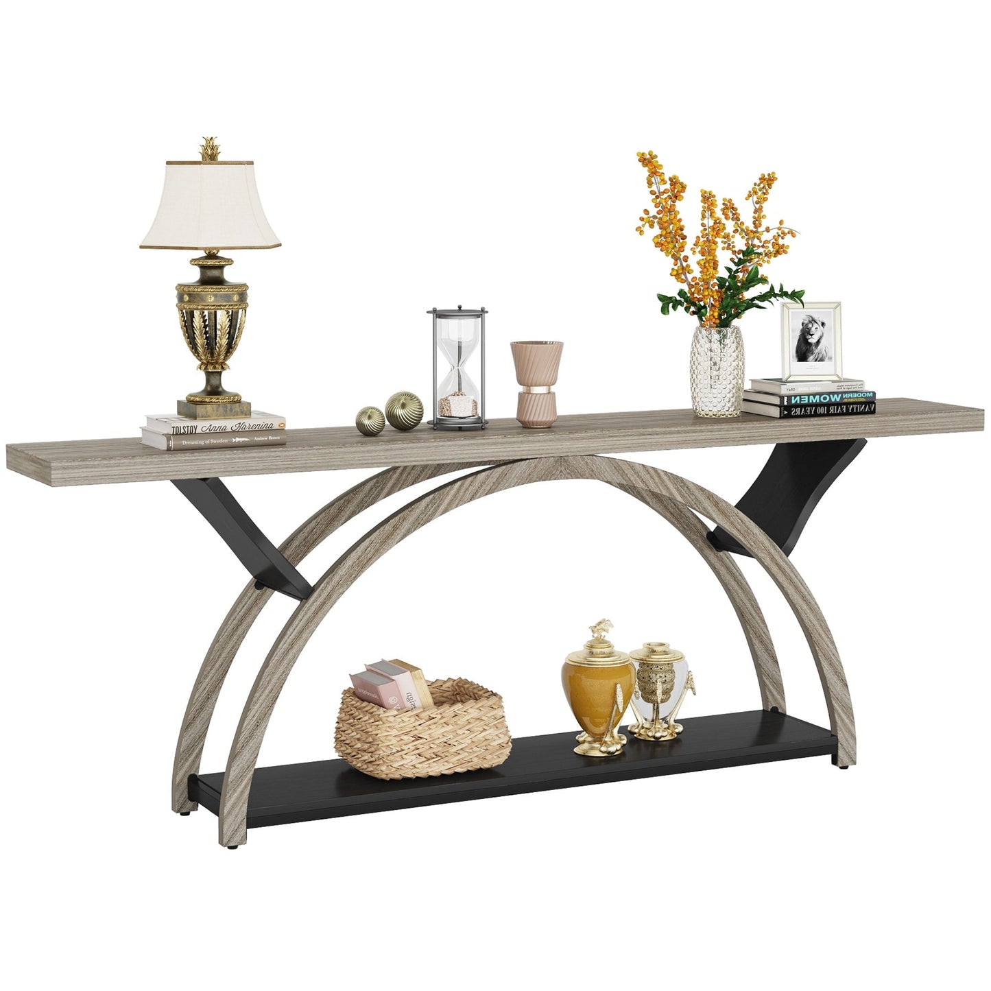 Tavolo da salotto a 2 ripiani, lungo e stretto, con struttura semicircolare, per ingresso, tavolini decorativi per corridoio, colore grigio.