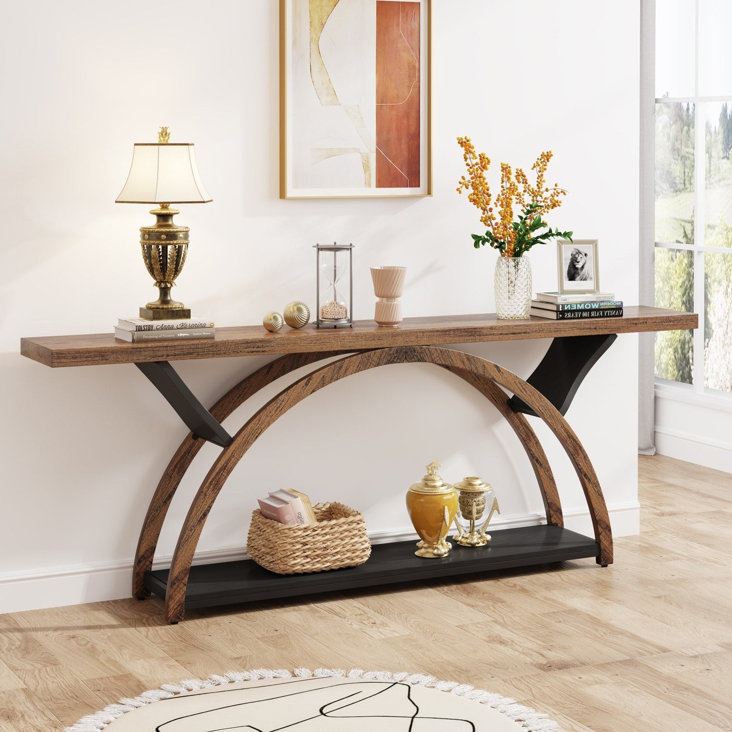 Tavolo da salotto a 2 ripiani, lungo e stretto, con struttura semicircolare, per ingresso, tavolini decorativi per corridoio, colore grigio.