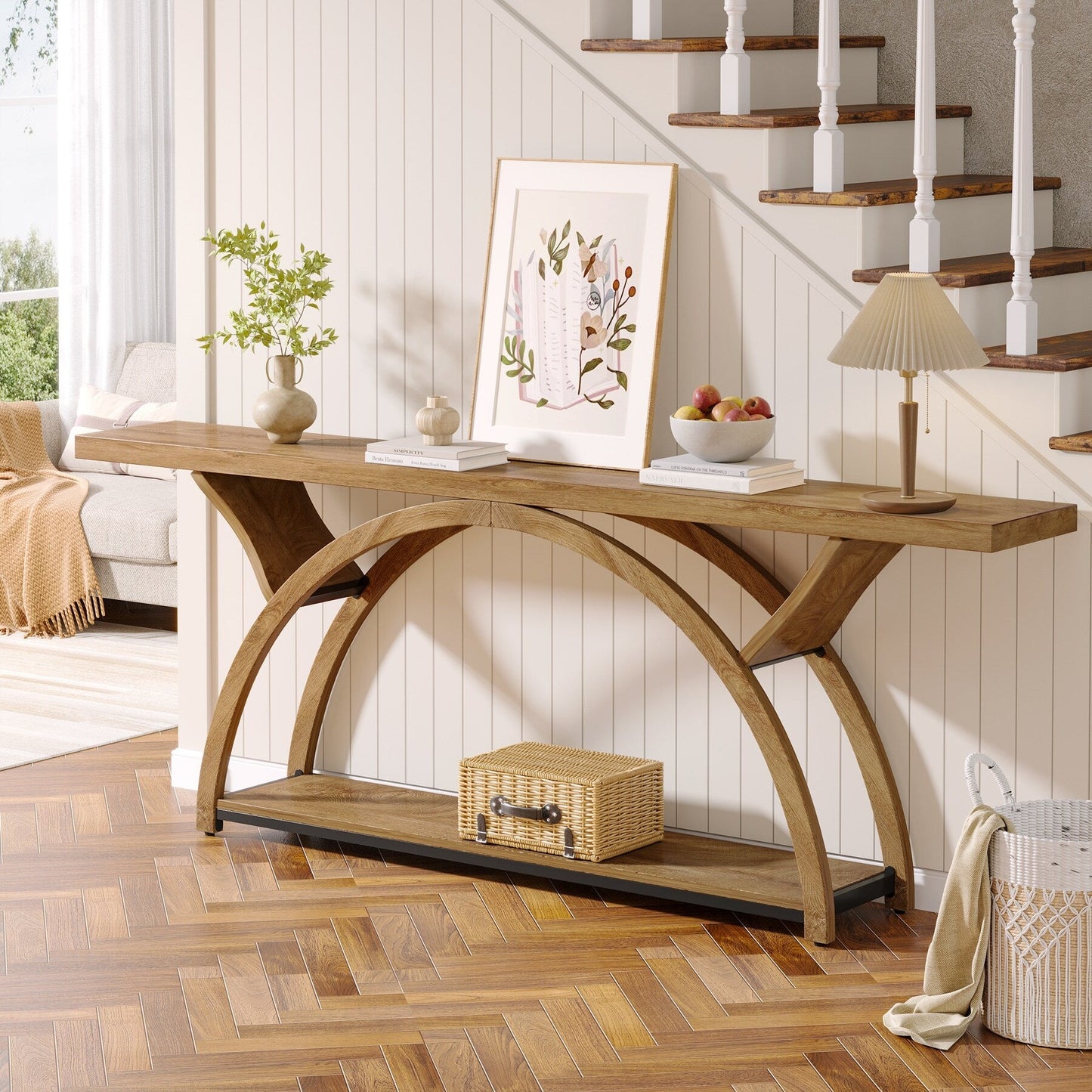 Tavolo da salotto a 2 ripiani, lungo e stretto, con struttura semicircolare, per ingresso, tavolini decorativi per corridoio, colore grigio.