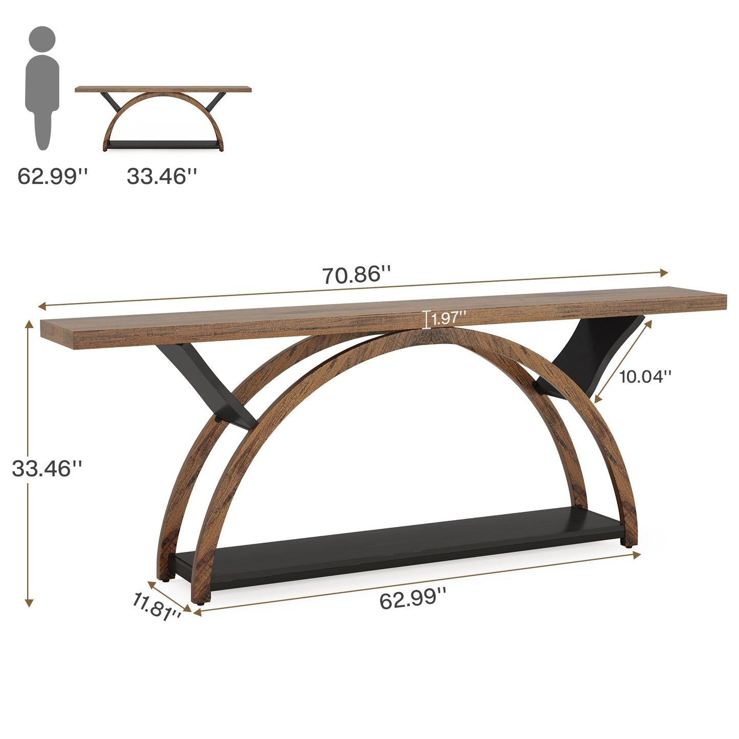 Tavolo da salotto a 2 ripiani, lungo e stretto, con struttura semicircolare, per ingresso, tavolini decorativi per corridoio, colore grigio.