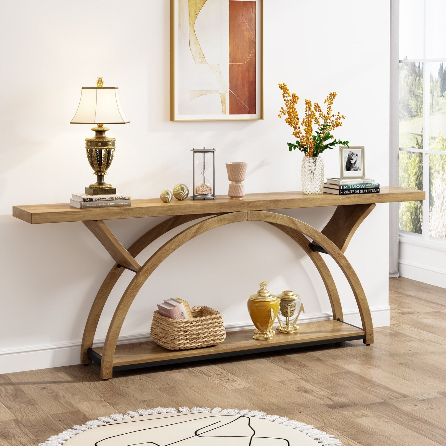 Tavolo da salotto a 2 ripiani, lungo e stretto, con struttura semicircolare, per ingresso, tavolini decorativi per corridoio, colore grigio.