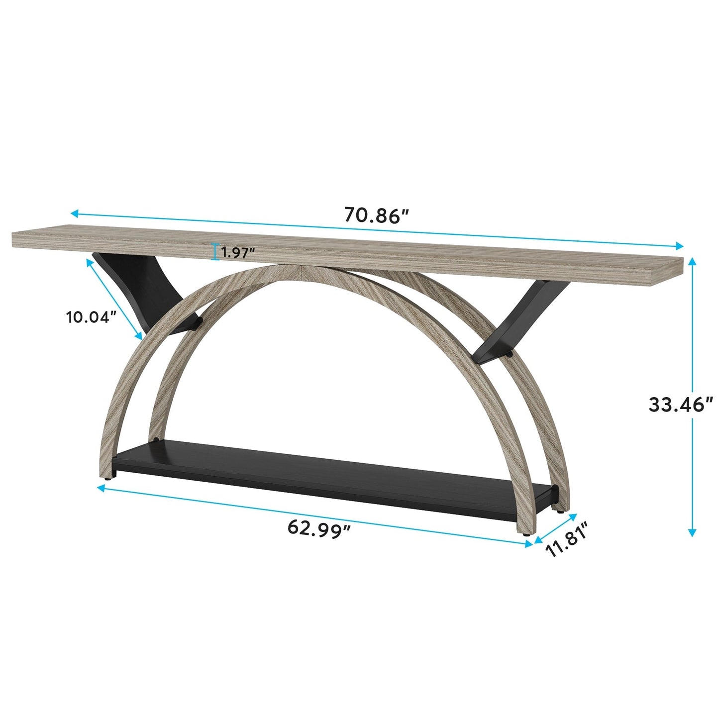 Tavolo da salotto a 2 ripiani, lungo e stretto, con struttura semicircolare, per ingresso, tavolini decorativi per corridoio, colore grigio.