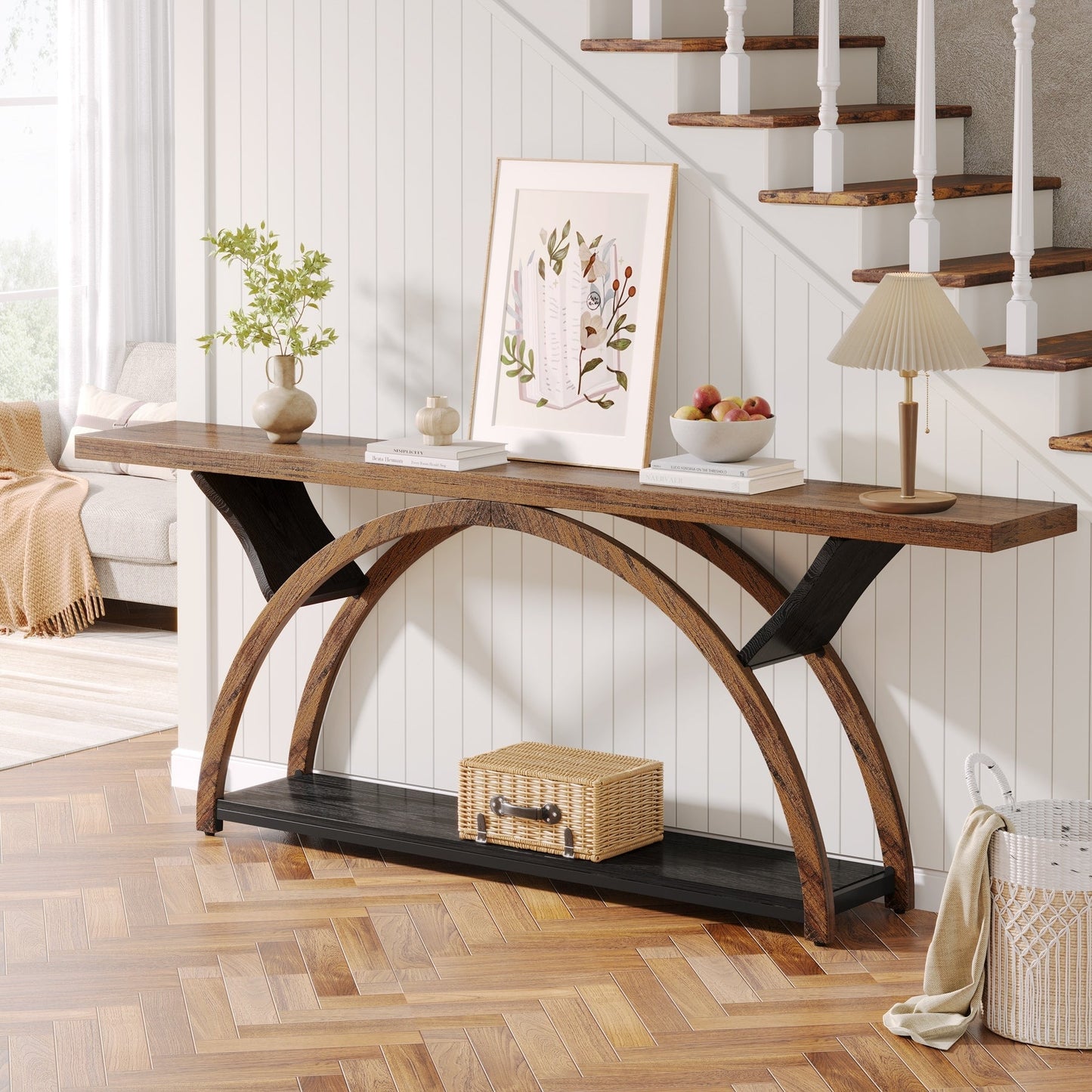 Tavolo da salotto a 2 ripiani, lungo e stretto, con struttura semicircolare, per ingresso, tavolini decorativi per corridoio, colore grigio.
