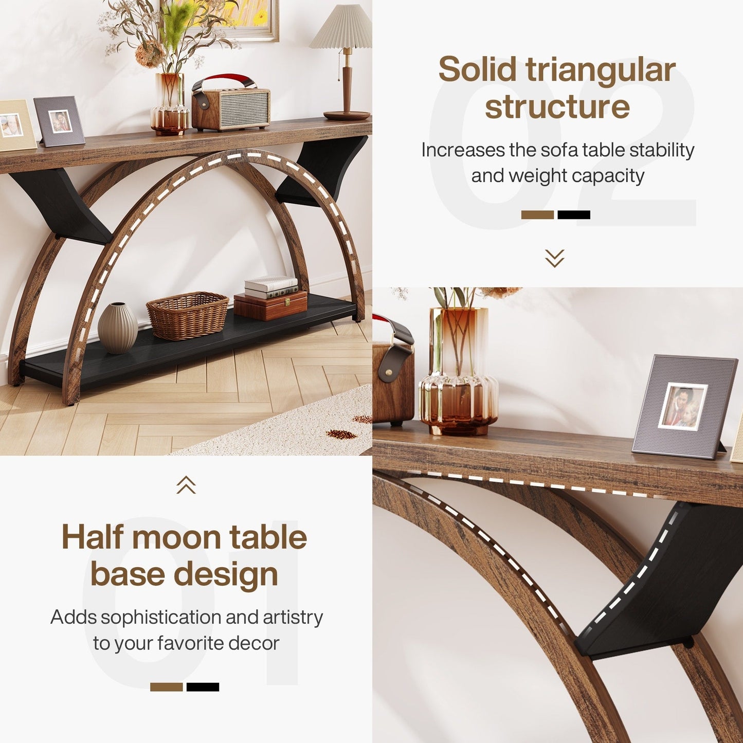 Tavolo da salotto a 2 ripiani, lungo e stretto, con struttura semicircolare, per ingresso, tavolini decorativi per corridoio, colore grigio.