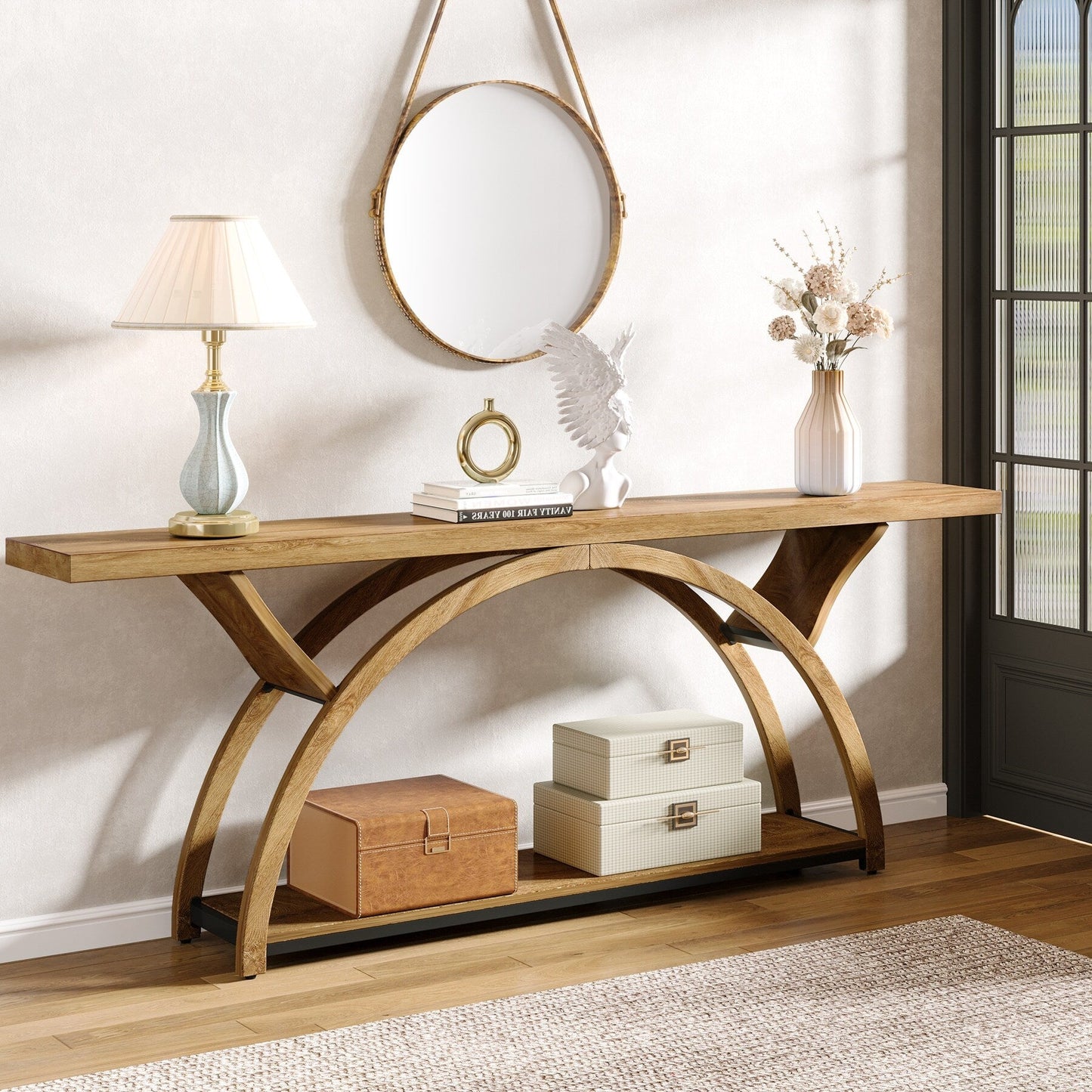 Tavolo da salotto a 2 ripiani, lungo e stretto, con struttura semicircolare, per ingresso, tavolini decorativi per corridoio, colore grigio.
