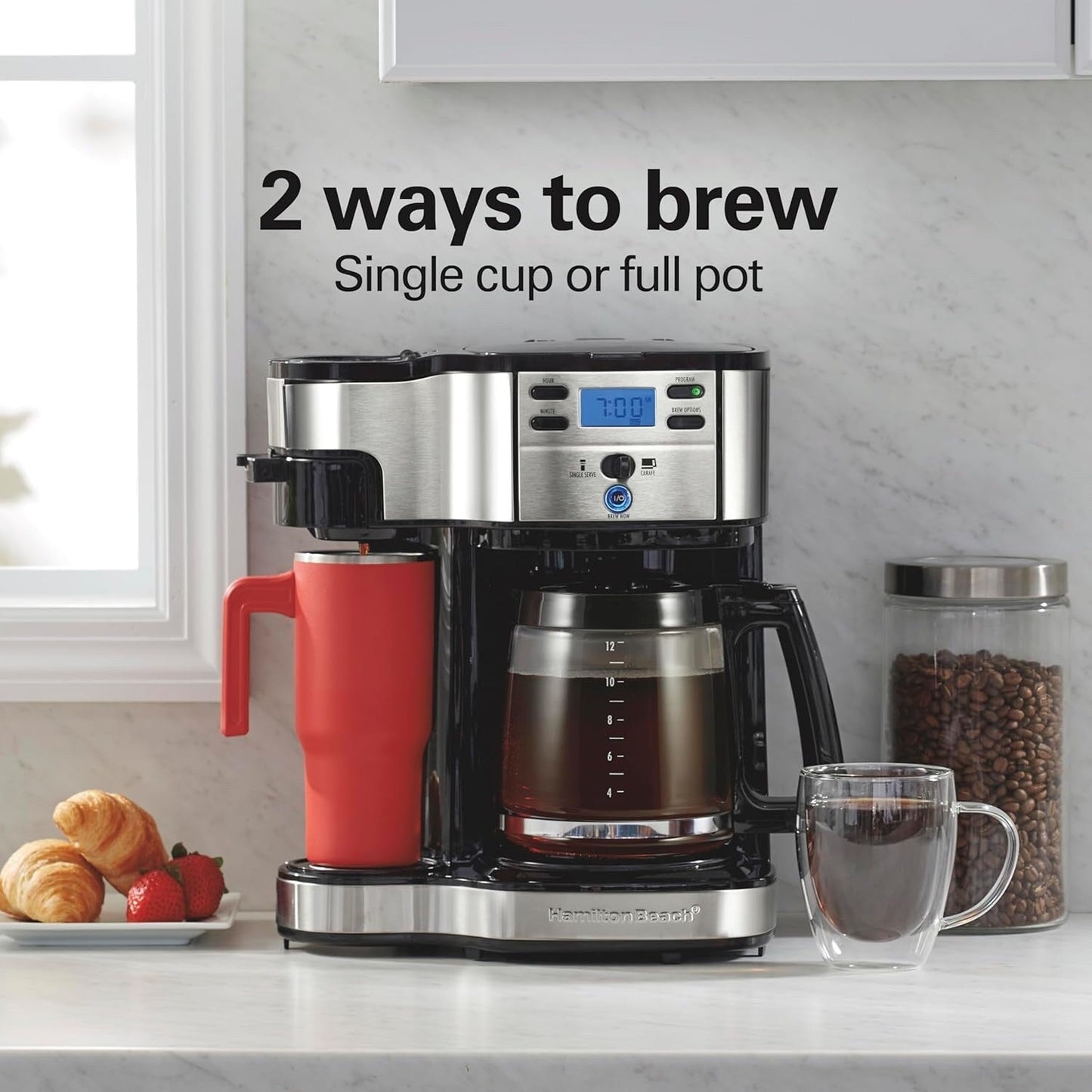 Macchina per caffè 2-in-1, 12 tazze e monoporzione, brocca di vetro, funzione di pausa e versamento automatico, nera.