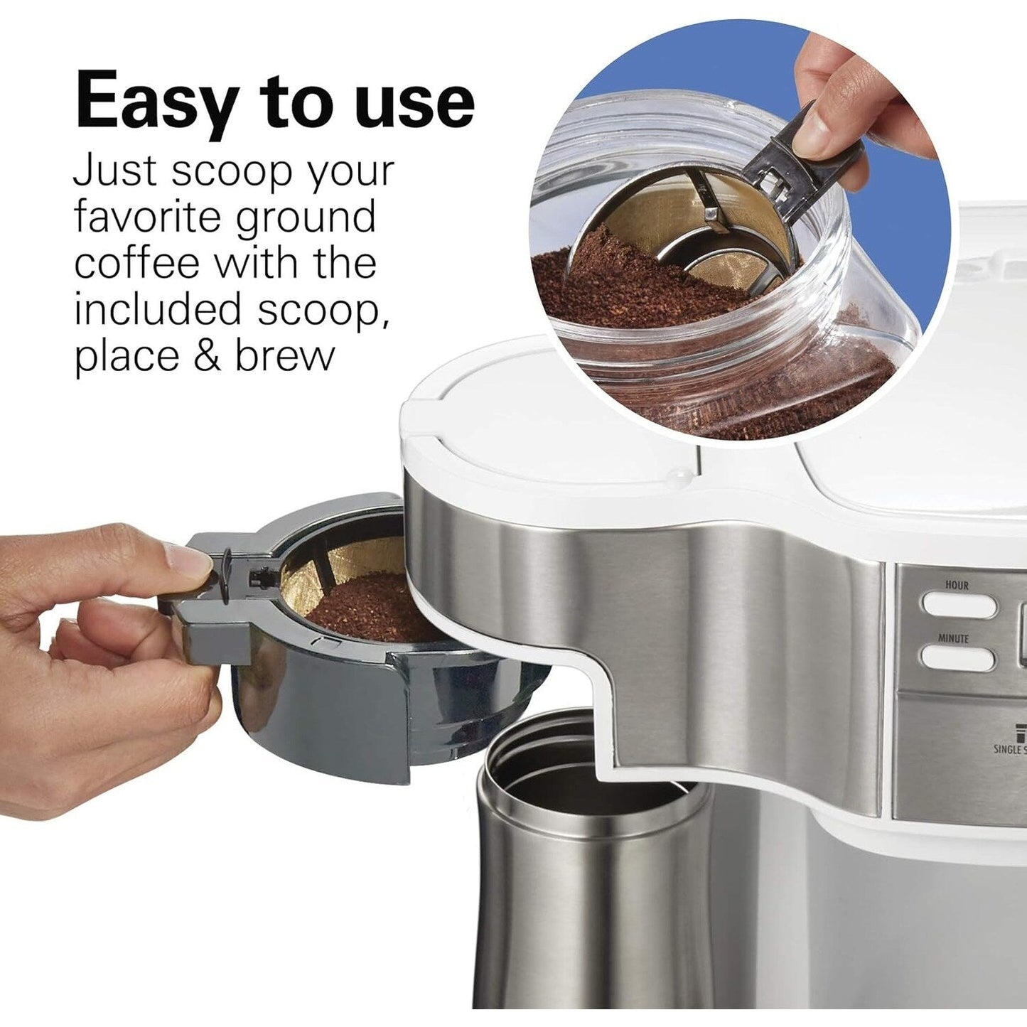 Macchina per caffè 2-in-1, 12 tazze, con funzione per una singola porzione, brocca di vetro, pausa e versamento automatici, bianca.