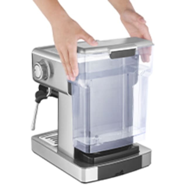 Macchina per espresso semiautomatica in acciaio inossidabile color argento da 20 tazze con serbatoio dell'acqua da 0,5 galloni.