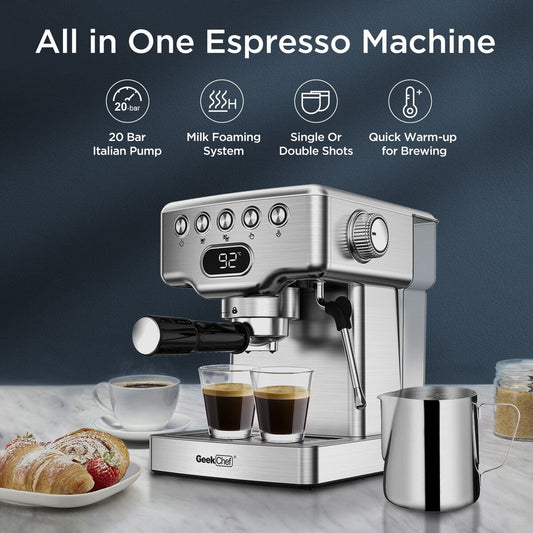 Macchina per espresso semiautomatica in acciaio inossidabile color argento da 20 tazze con serbatoio dell'acqua da 0,5 galloni.