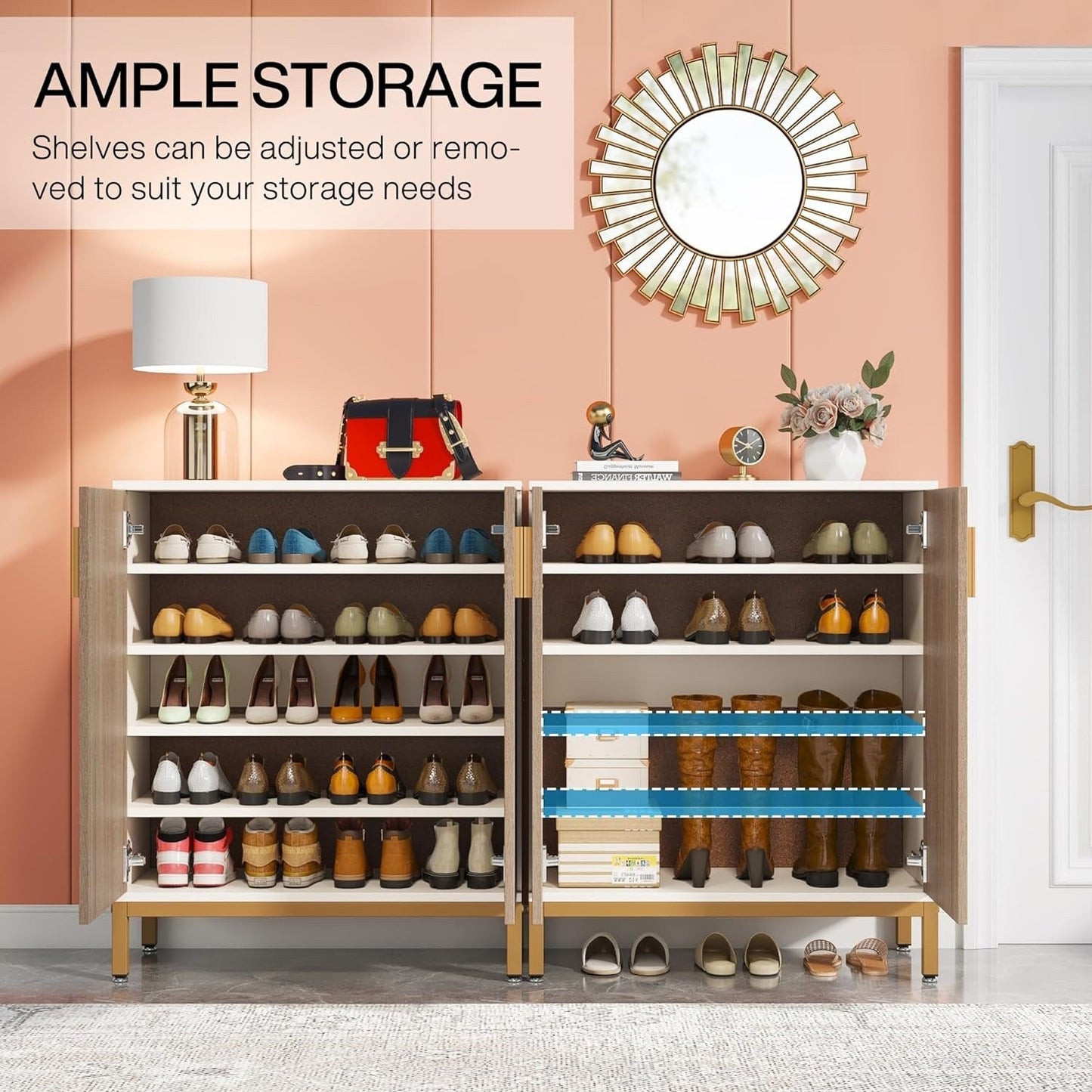 Scarpiera da 20 paia, mobile porta scarpe moderno da 95 cm con ante, bianco e oro.