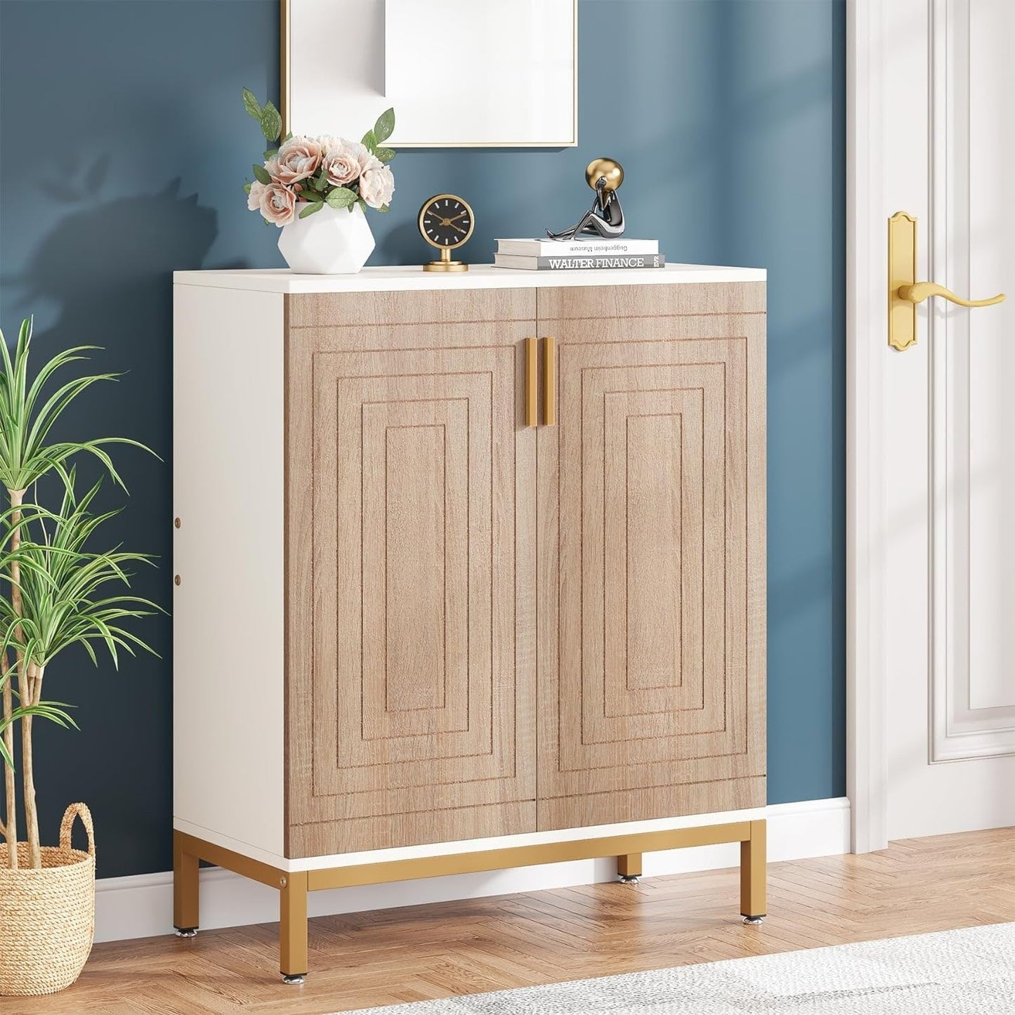 Scarpiera da 20 paia, mobile porta scarpe moderno da 95 cm con ante, bianco e oro.