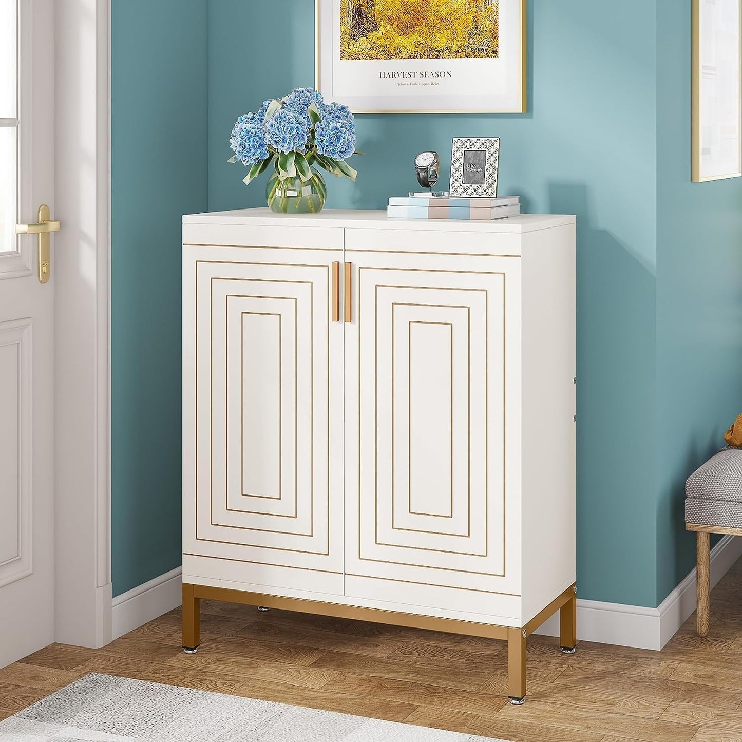 Scarpiera da 20 paia, mobile porta scarpe moderno da 95 cm con ante, bianco e oro.