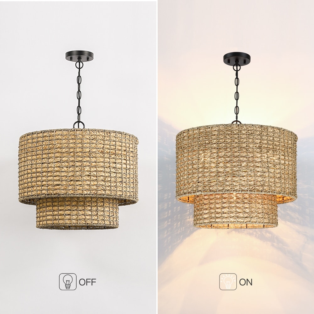 Lampada a sospensione a forma di tamburo tradizionale in vimini naturale a 4 luci con paralume nero - Nero/terroso - 50,8 cm (20 pollici) di larghezza