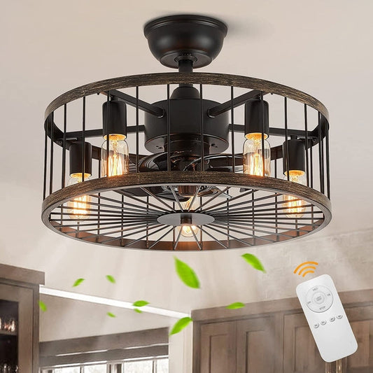 Ventilatore da soffitto a basso profilo da 20 pollici, stile moderno rustico, finitura in legno, con gabbia, luce e telecomando.