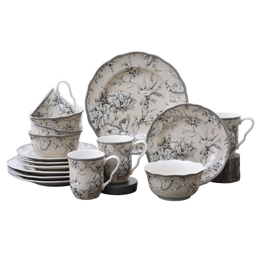 Set da tavola in porcellana 222 Fifth Adelaide da 16 pezzi con piatti rotondi, ciotole e tazze, bianco antico.