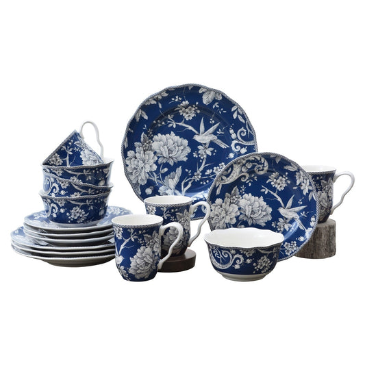 Set da tavola in porcellana 222 Fifth Adelaide da 16 pezzi con piatti rotondi, ciotole e tazze, blu scuro