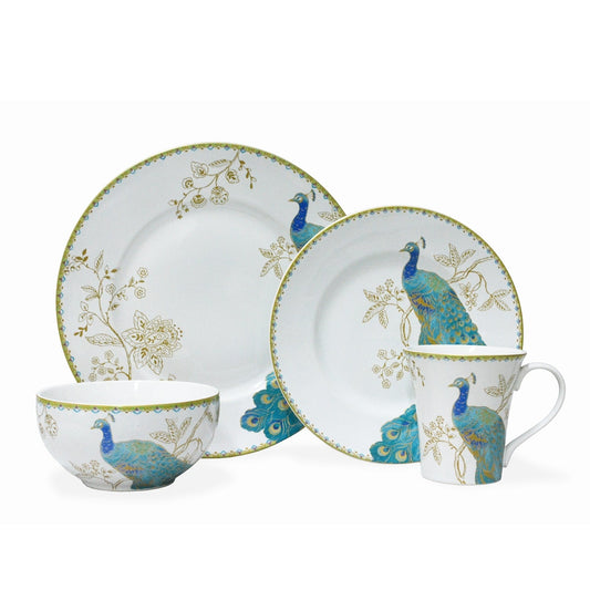 Set da tavola in porcellana 222 Fifth Peacock Garden da 16 pezzi con piatti rotondi, ciotole e tazze, bianco.