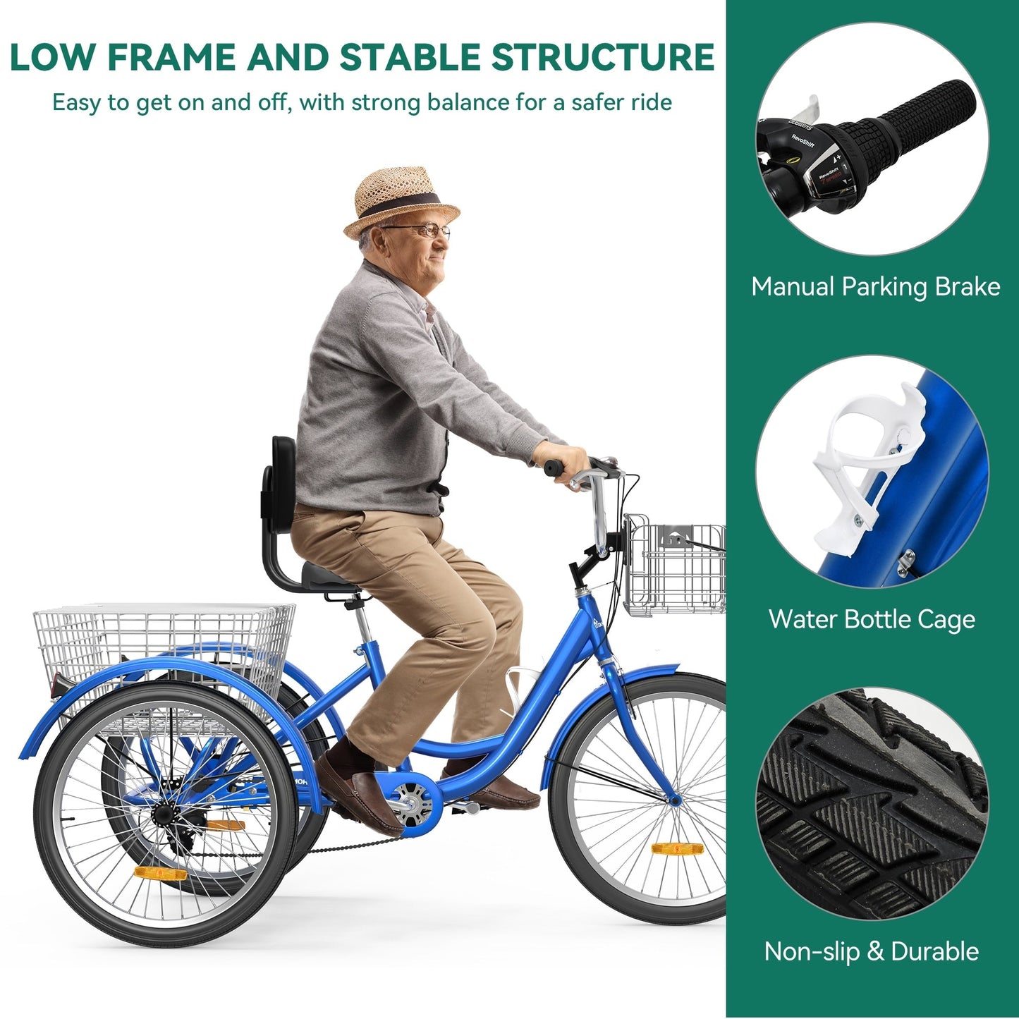 Bicicletta triciclo per adulti da 26 pollici, 3 ruote, 7 velocità.