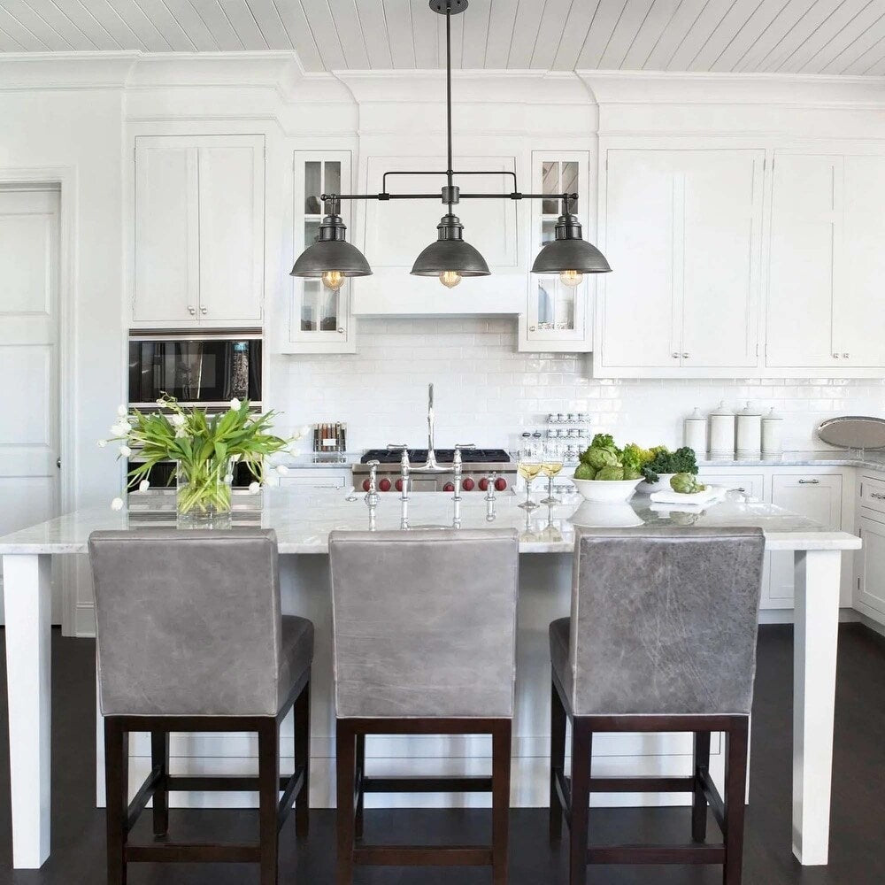 Lampada a sospensione a 3 luci in stile industriale/rustico a forma di cupola, in metallo, con finitura in bronzo oliato, ideale per illuminare isole cucina.