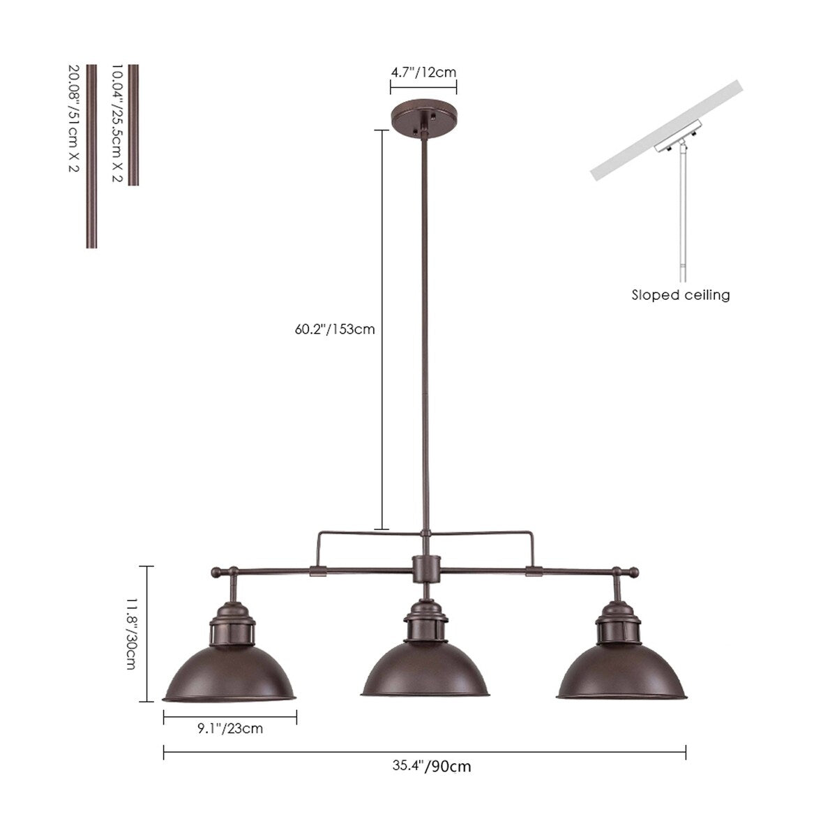 Lampada a sospensione a 3 luci in stile industriale/rustico a forma di cupola, in metallo, con finitura in bronzo oliato, ideale per illuminare isole cucina.