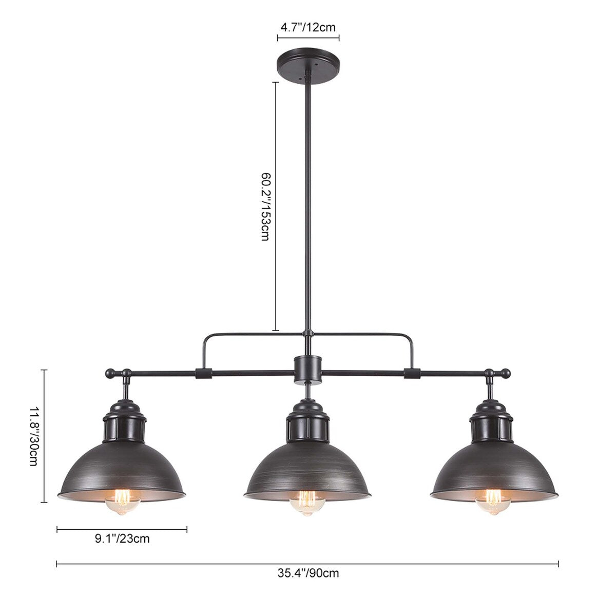 Lampada a sospensione a 3 luci in stile industriale/rustico a forma di cupola, in metallo, con finitura in bronzo oliato, ideale per illuminare isole cucina.
