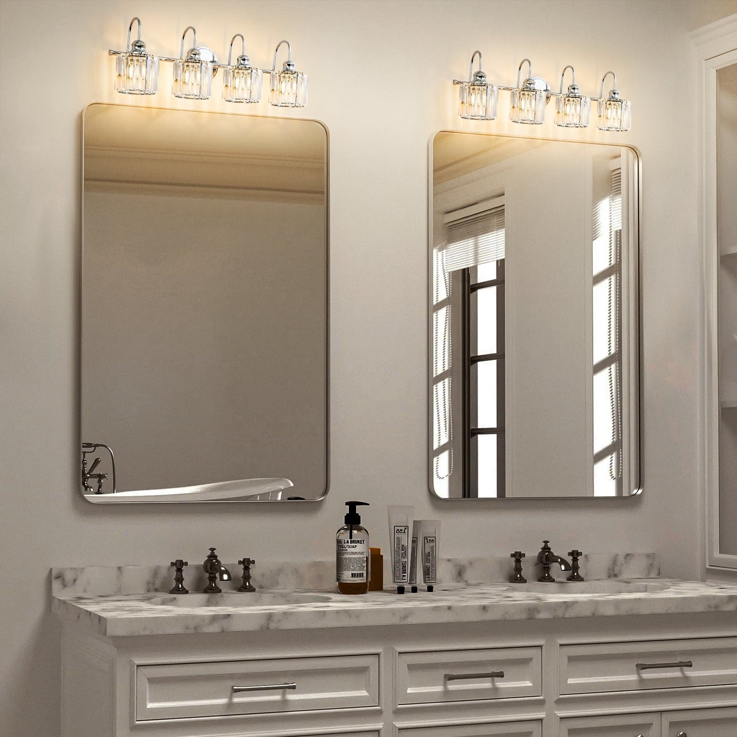 Lampada da bagno a specchio lineare moderna e glamour a 3/4 luci, dimmerabile, con cristalli.