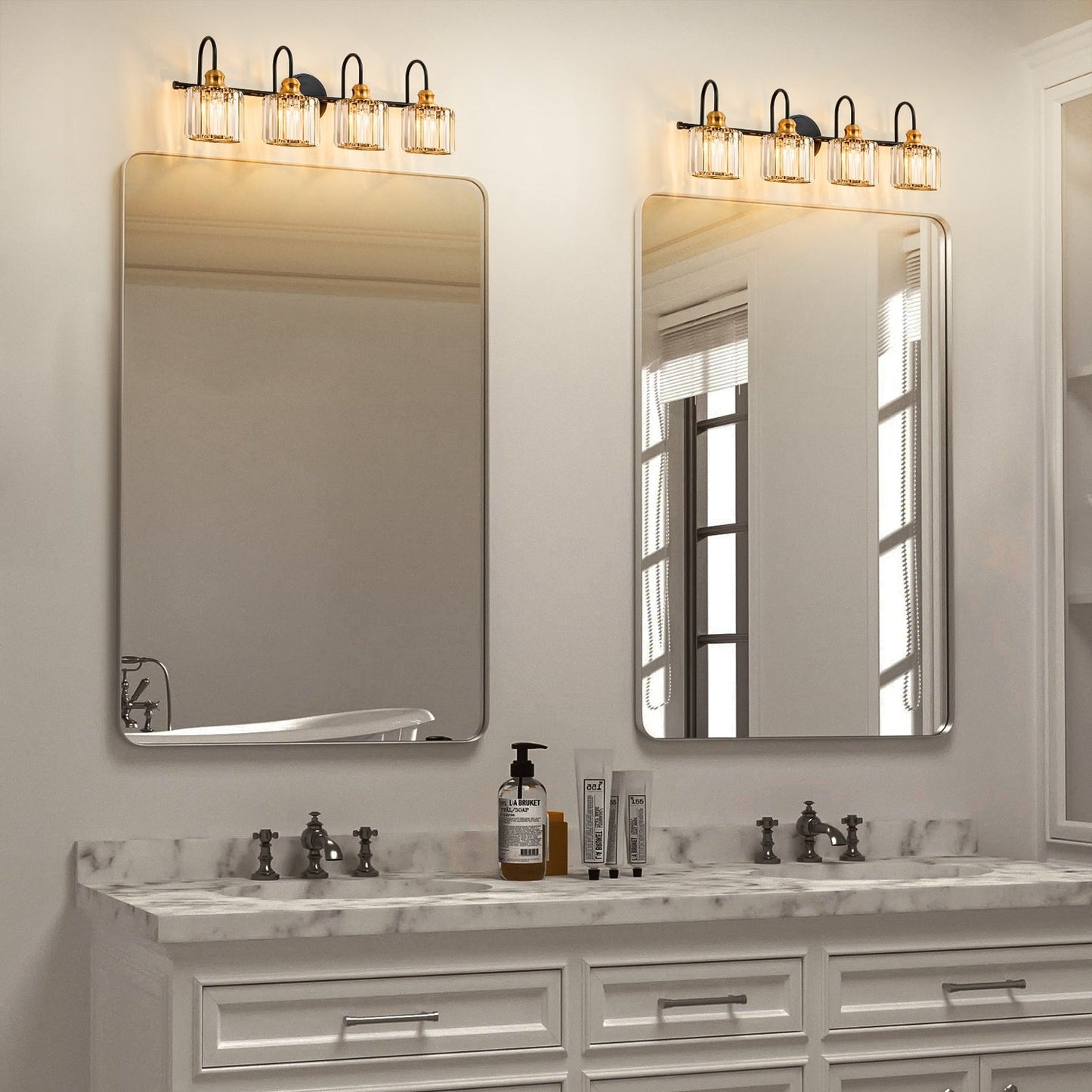 Lampada da bagno a specchio lineare moderna e glamour a 3/4 luci, dimmerabile, con cristalli.