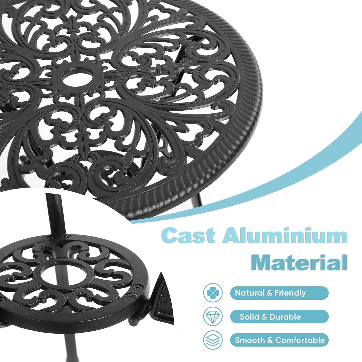 Tavolo e sedie da giardino in alluminio a forma di farfalla, 3 pezzi, con foro per ombrellone