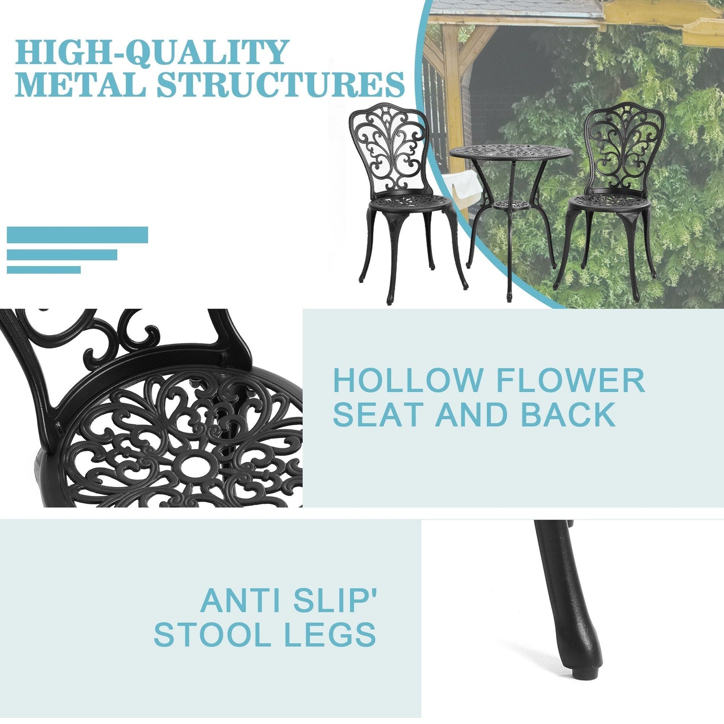 Tavolo e sedie da giardino in alluminio a forma di farfalla, 3 pezzi, con foro per ombrellone